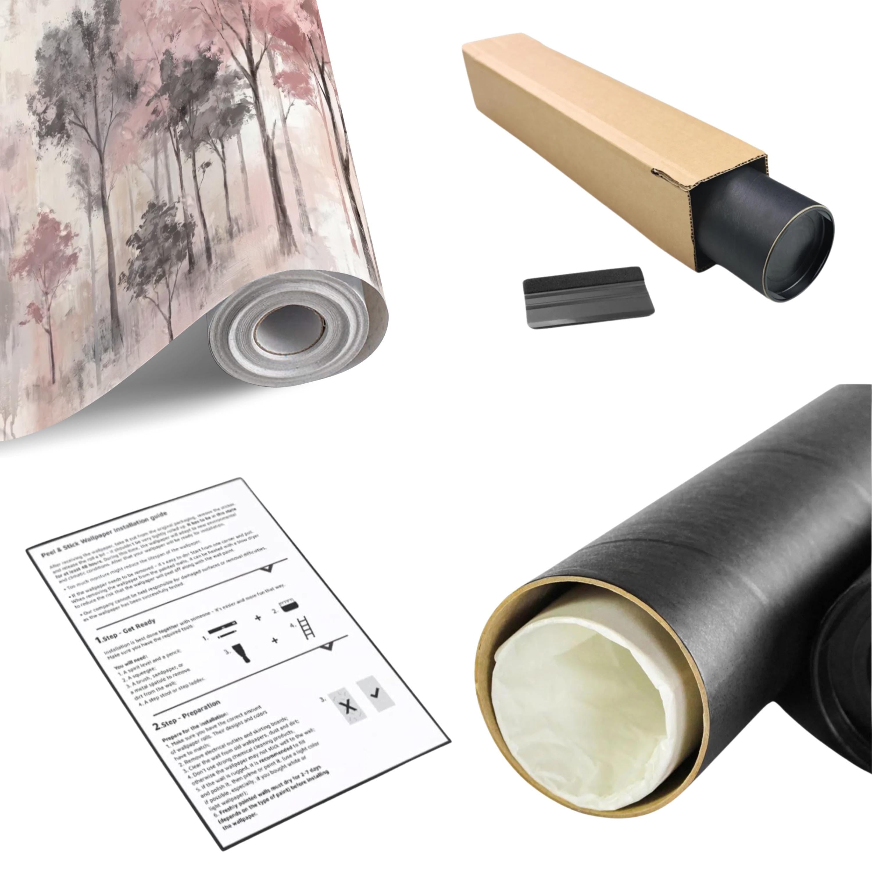 Blush Pink Forest Peel and Stick Wall Mural, Misty Woodland Trees, Soft Watercolor Nature Scene Feminine Wallpaper