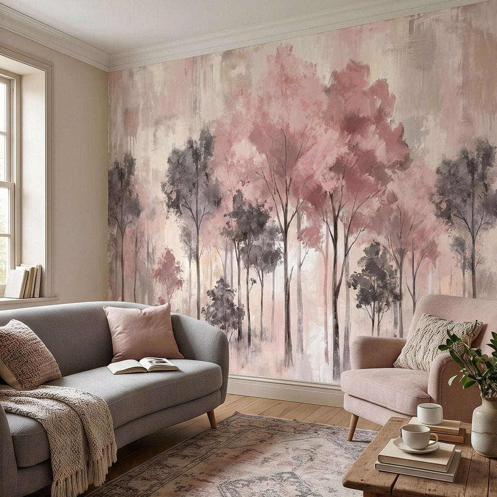 Blush Pink Forest Peel and Stick Wall Mural, Misty Woodland Trees, Soft Watercolor Nature Scene Feminine Wallpaper