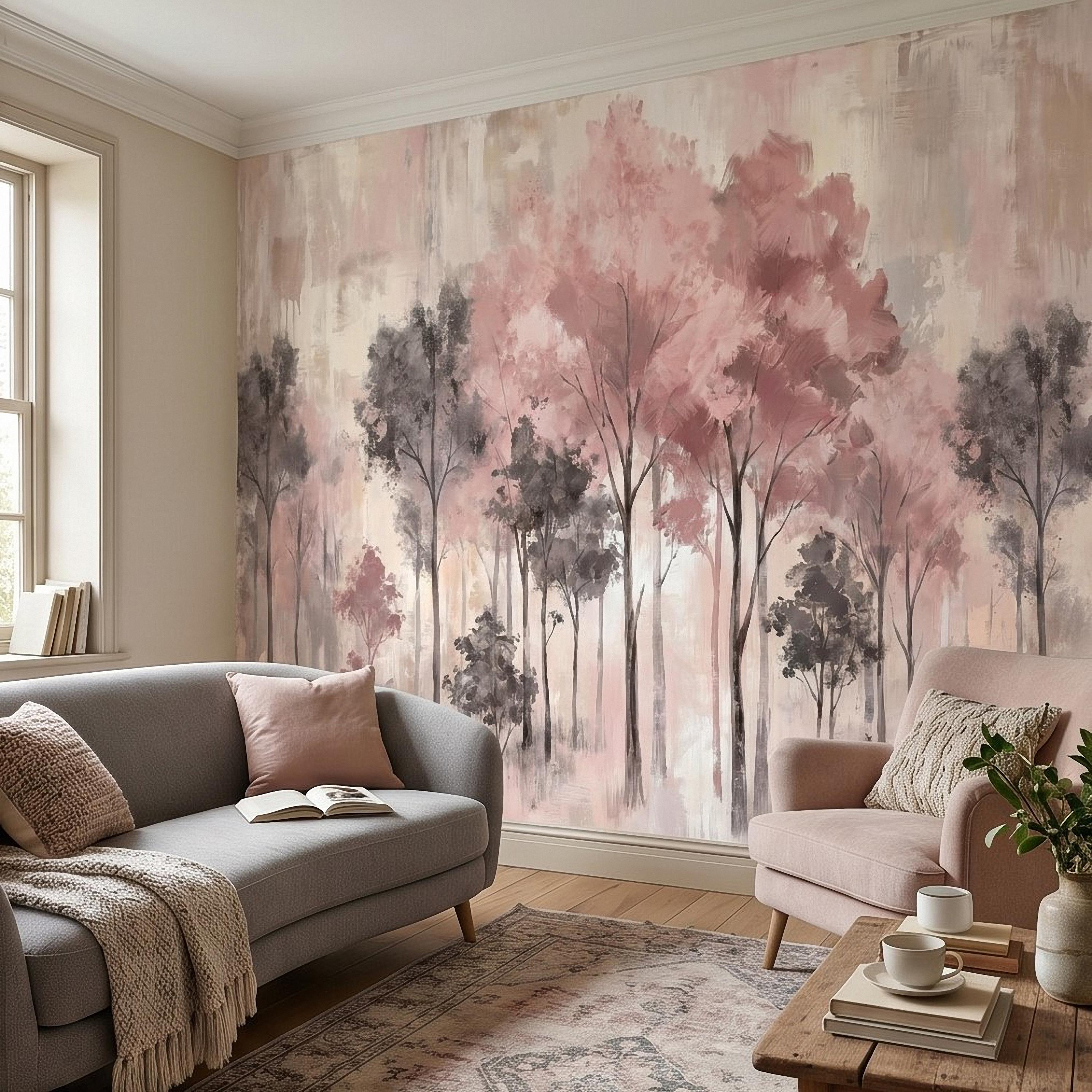 Blush Pink Forest Peel and Stick Wall Mural, Misty Woodland Trees, Soft Watercolor Nature Scene Feminine Wallpaper