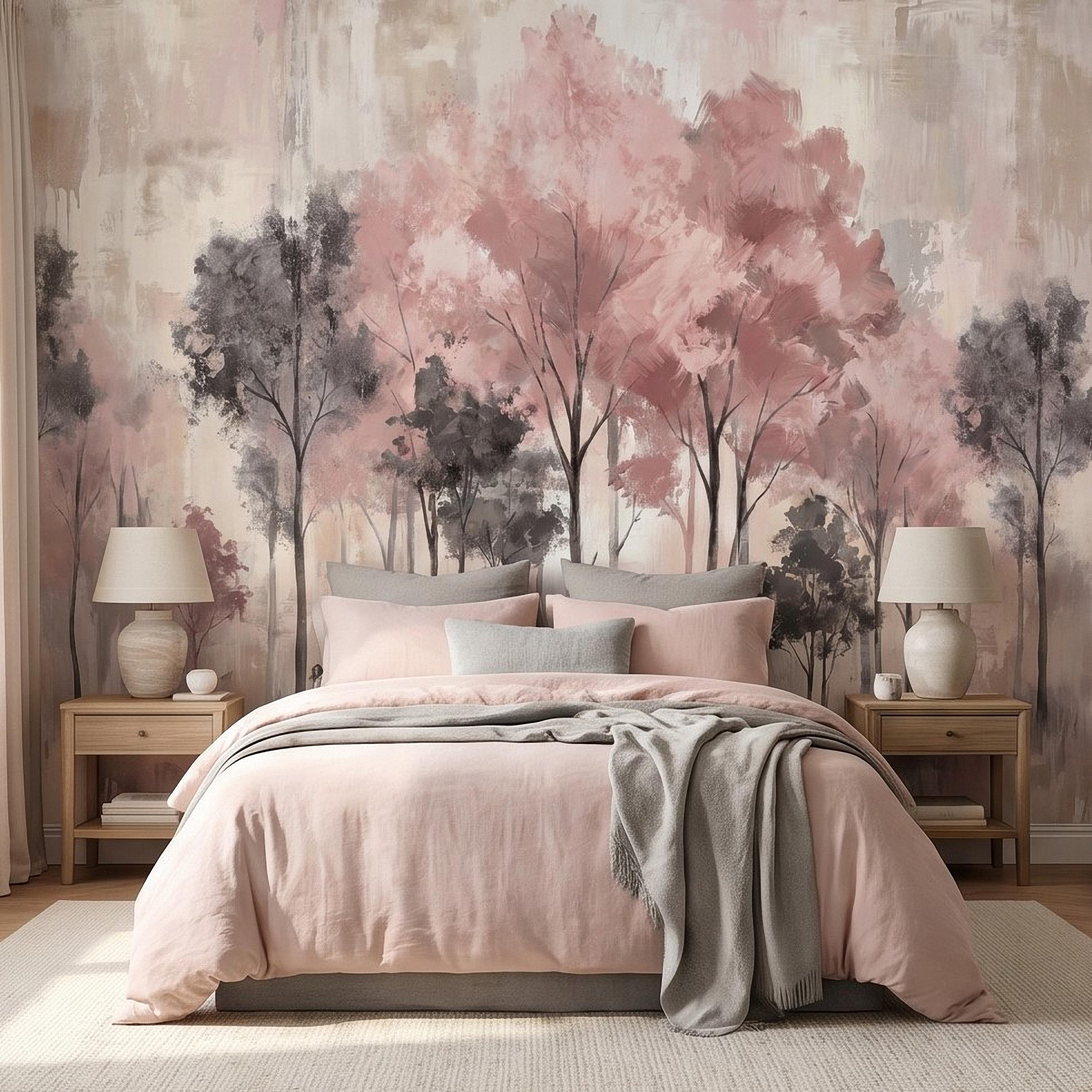Blush Pink Forest Peel and Stick Wall Mural, Misty Woodland Trees, Soft Watercolor Nature Scene Feminine Wallpaper