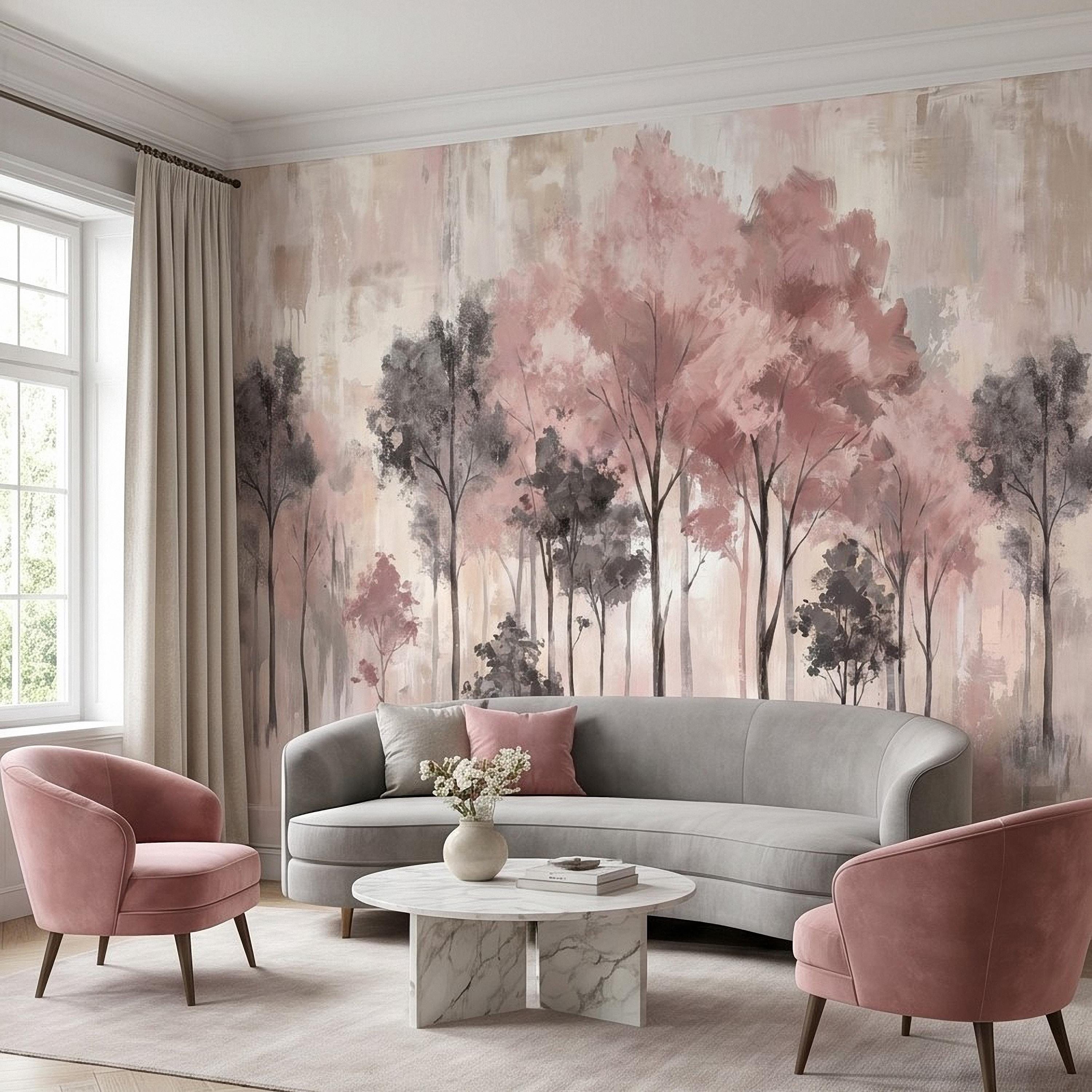 Blush Pink Forest Peel and Stick Wall Mural, Misty Woodland Trees, Soft Watercolor Nature Scene Feminine Wallpaper
