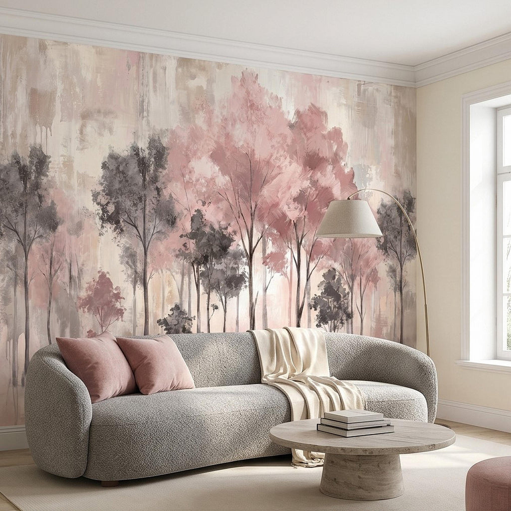 Blush Pink Forest Peel and Stick Wall Mural, Misty Woodland Trees, Soft Watercolor Nature Scene Feminine Wallpaper