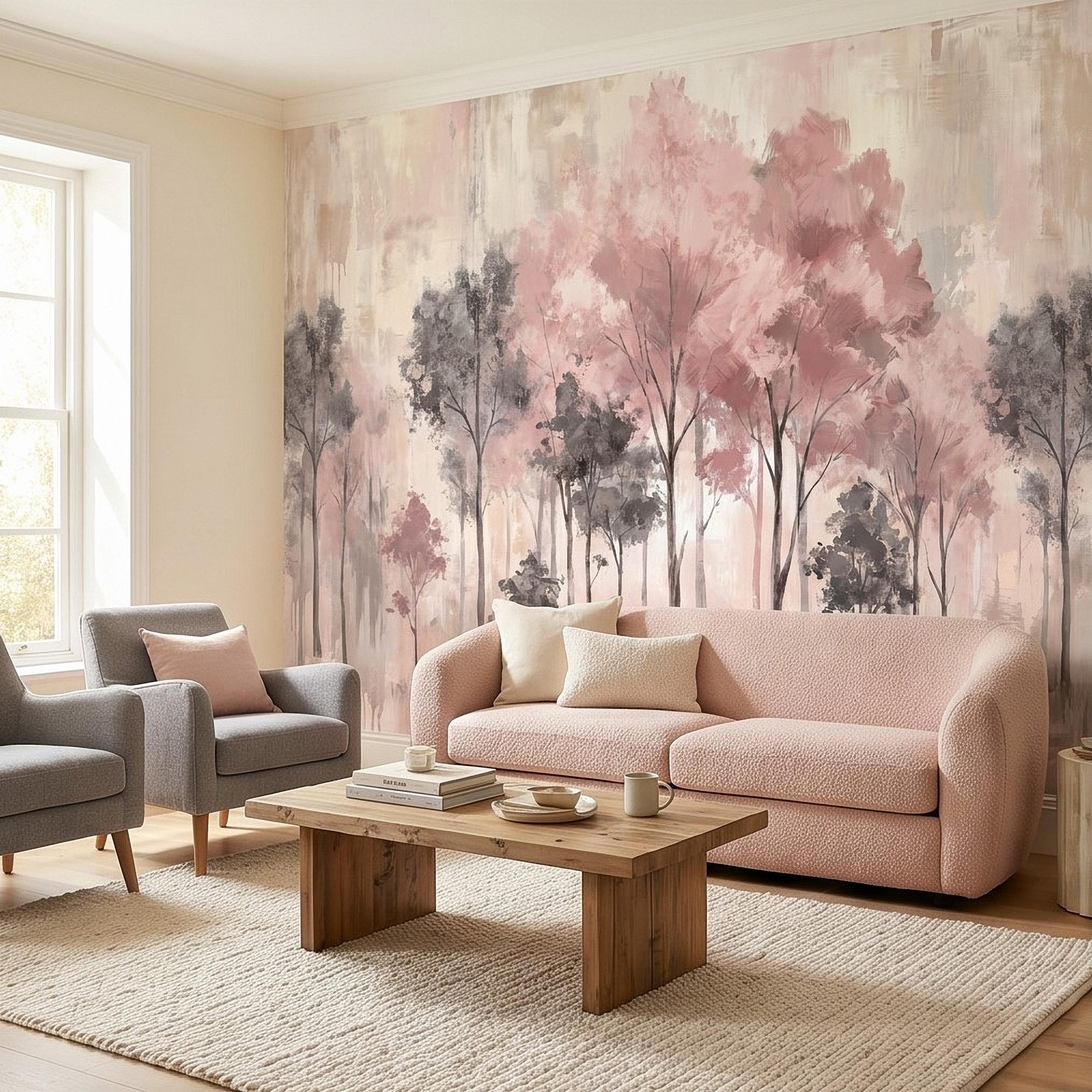 Blush Pink Forest Peel and Stick Wall Mural, Misty Woodland Trees, Soft Watercolor Nature Scene Feminine Wallpaper