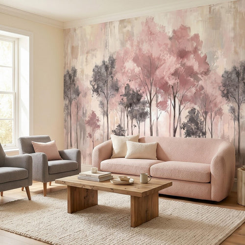 Misty blush pink forest tree wall mural in watercolor style with dark gray understory