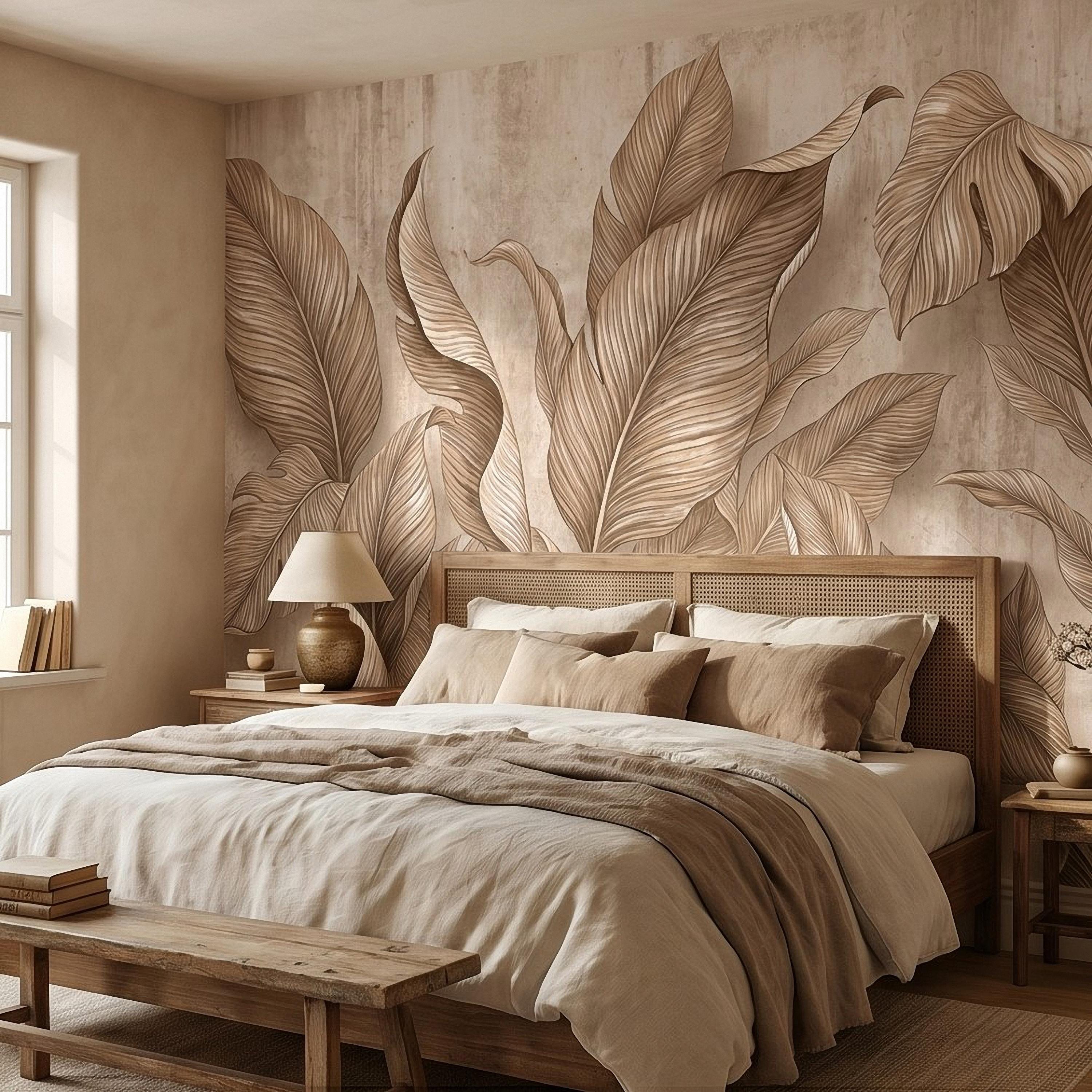 Neutral Tropical Leaves Peel and Stick Wall Mural, Textured Botanical Foliage, Beige Palm and Banana Leaves Organic Wallpaper