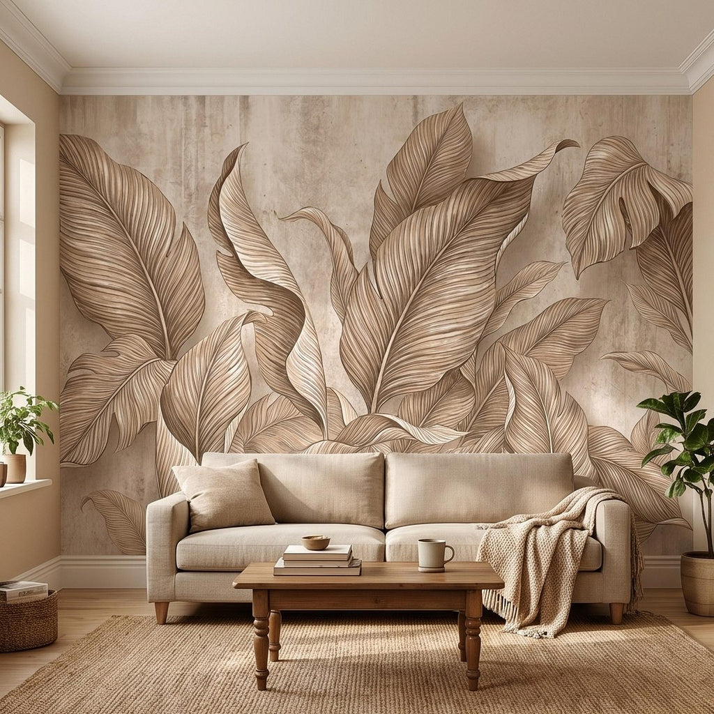 Neutral Tropical Leaves Peel and Stick Wall Mural, Textured Botanical Foliage, Beige Palm and Banana Leaves Organic Wallpaper