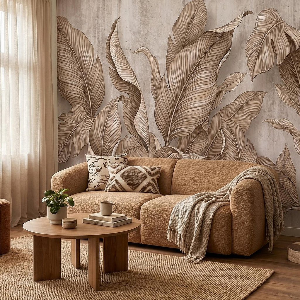 Neutral Tropical Leaves Peel and Stick Wall Mural, Textured Botanical Foliage, Beige Palm and Banana Leaves Organic Wallpaper