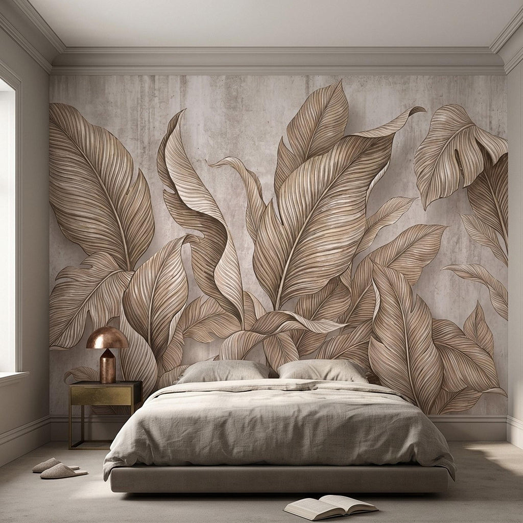 Neutral Tropical Leaves Peel and Stick Wall Mural, Textured Botanical Foliage, Beige Palm and Banana Leaves Organic Wallpaper