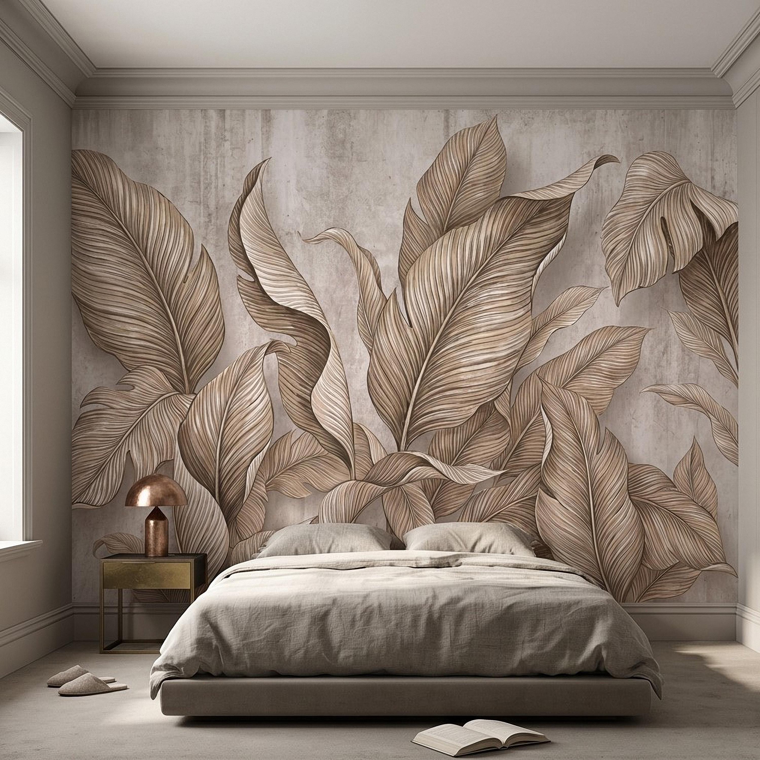 Neutral Tropical Leaves Peel and Stick Wall Mural, Textured Botanical Foliage, Beige Palm and Banana Leaves Organic Wallpaper