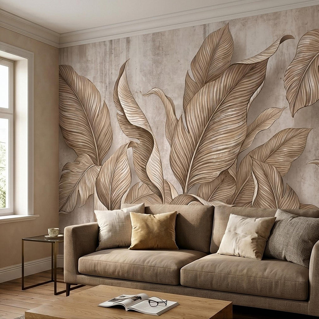 Neutral Tropical Leaves Peel and Stick Wall Mural, Textured Botanical Foliage, Beige Palm and Banana Leaves Organic Wallpaper