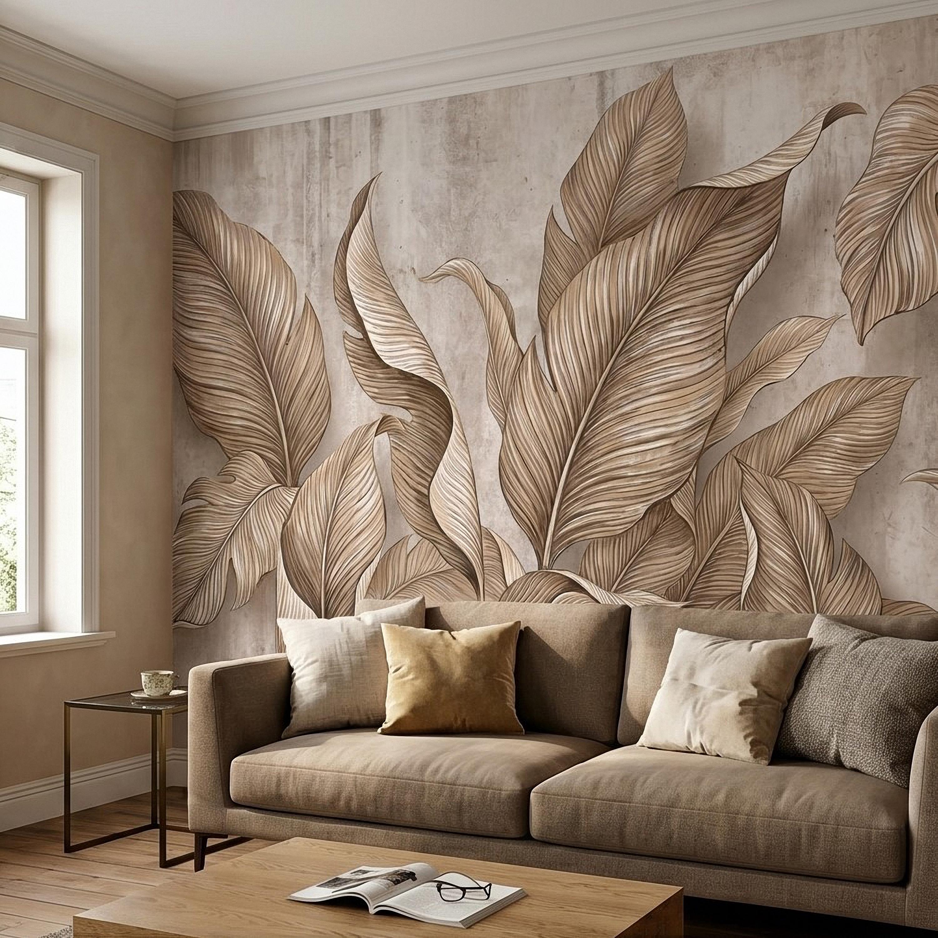 Neutral Tropical Leaves Peel and Stick Wall Mural, Textured Botanical Foliage, Beige Palm and Banana Leaves Organic Wallpaper