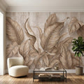 Neutral Tropical Leaves Peel and Stick Wall Mural, Textured Botanical Foliage, Beige Palm and Banana Leaves Organic Wallpaper