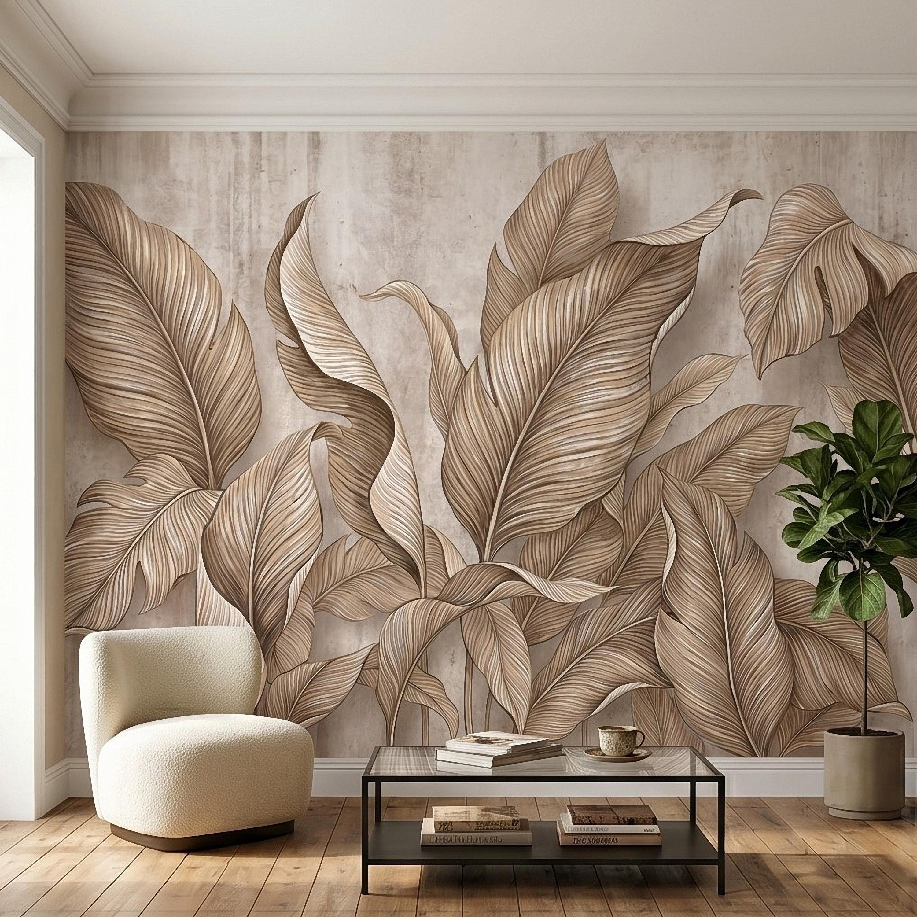 Neutral Tropical Leaves Peel and Stick Wall Mural, Textured Botanical Foliage, Beige Palm and Banana Leaves Organic Wallpaper