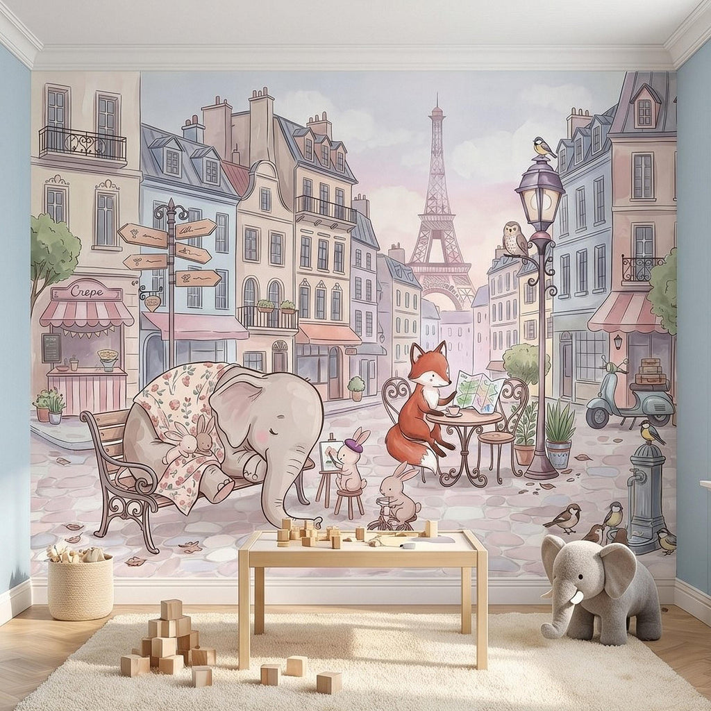 Watercolor Paris Peel and Stick Wall Mural, Cute Animal Friends by the Eiffel Tower, Charming French Street Scene Nursery Wallpaper