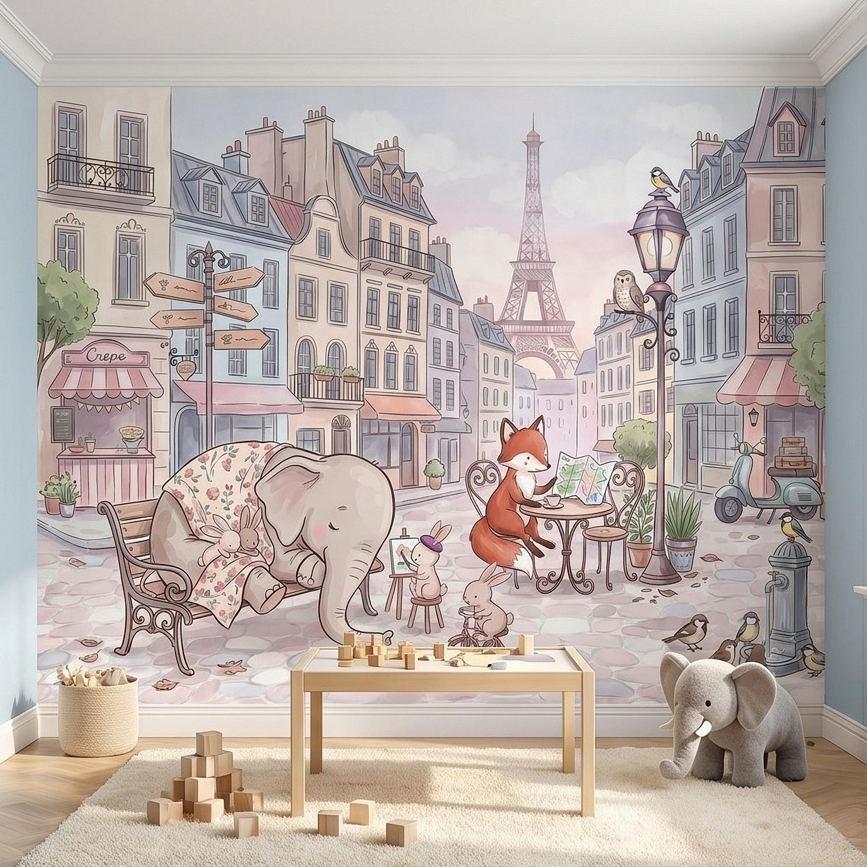 Watercolor Paris Peel and Stick Wall Mural, Cute Animal Friends by the Eiffel Tower, Charming French Street Scene Nursery Wallpaper