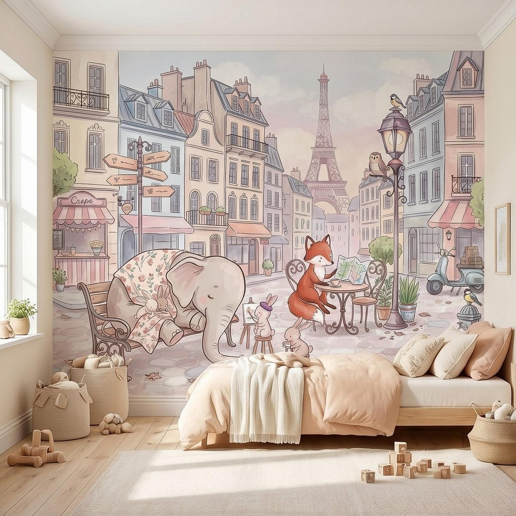 Watercolor Paris Peel and Stick Wall Mural, Cute Animal Friends by the Eiffel Tower, Charming French Street Scene Nursery Wallpaper