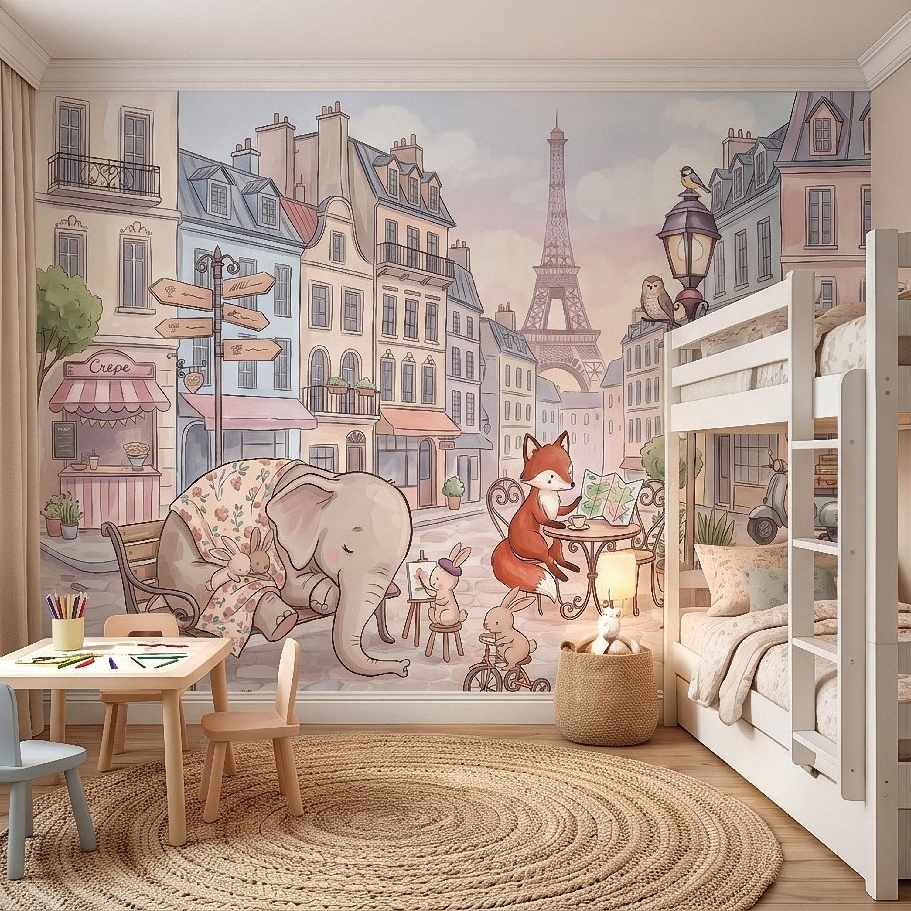 Watercolor Paris Peel and Stick Wall Mural, Cute Animal Friends by the Eiffel Tower, Charming French Street Scene Nursery Wallpaper