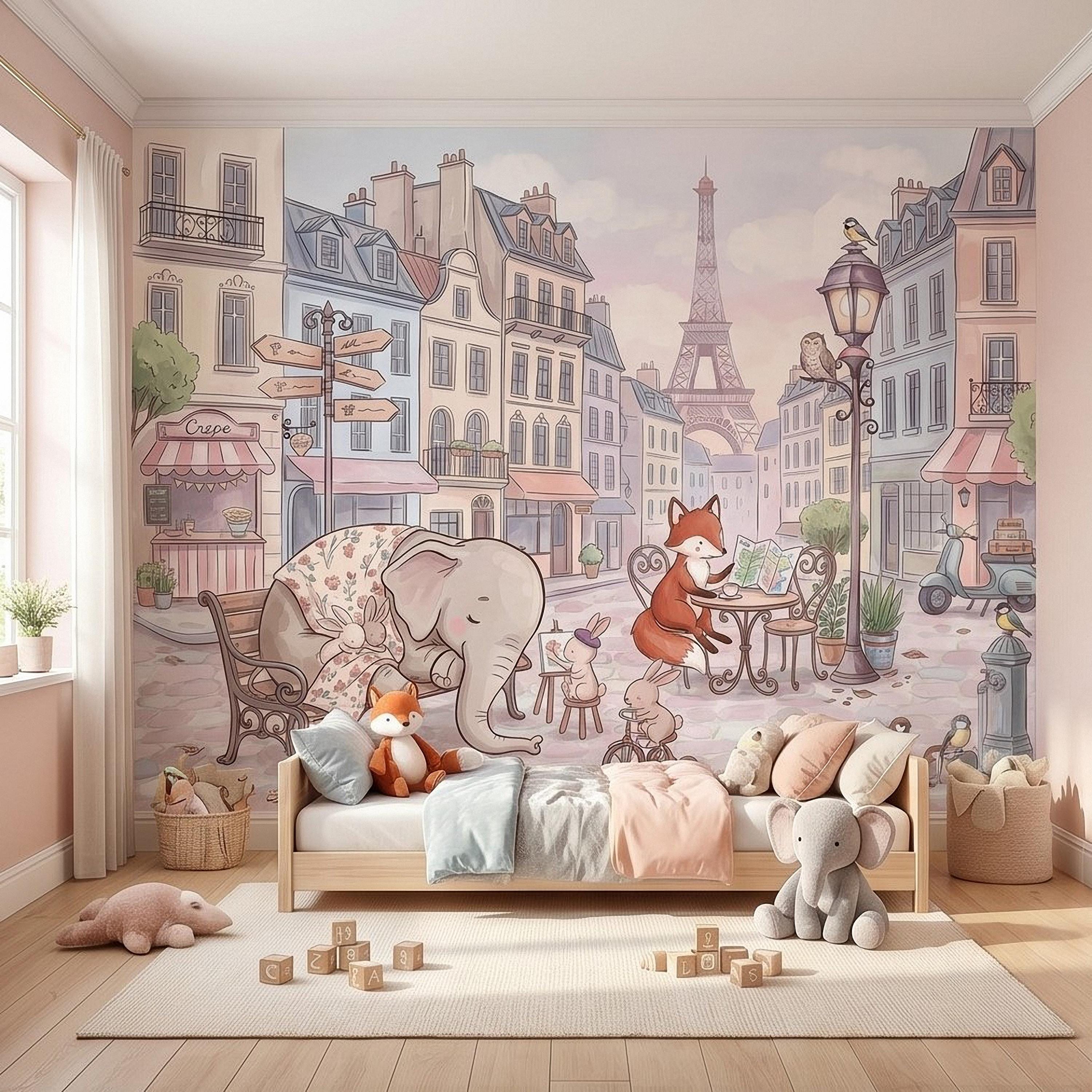 Watercolor Paris Peel and Stick Wall Mural, Cute Animal Friends by the Eiffel Tower, Charming French Street Scene Nursery Wallpaper