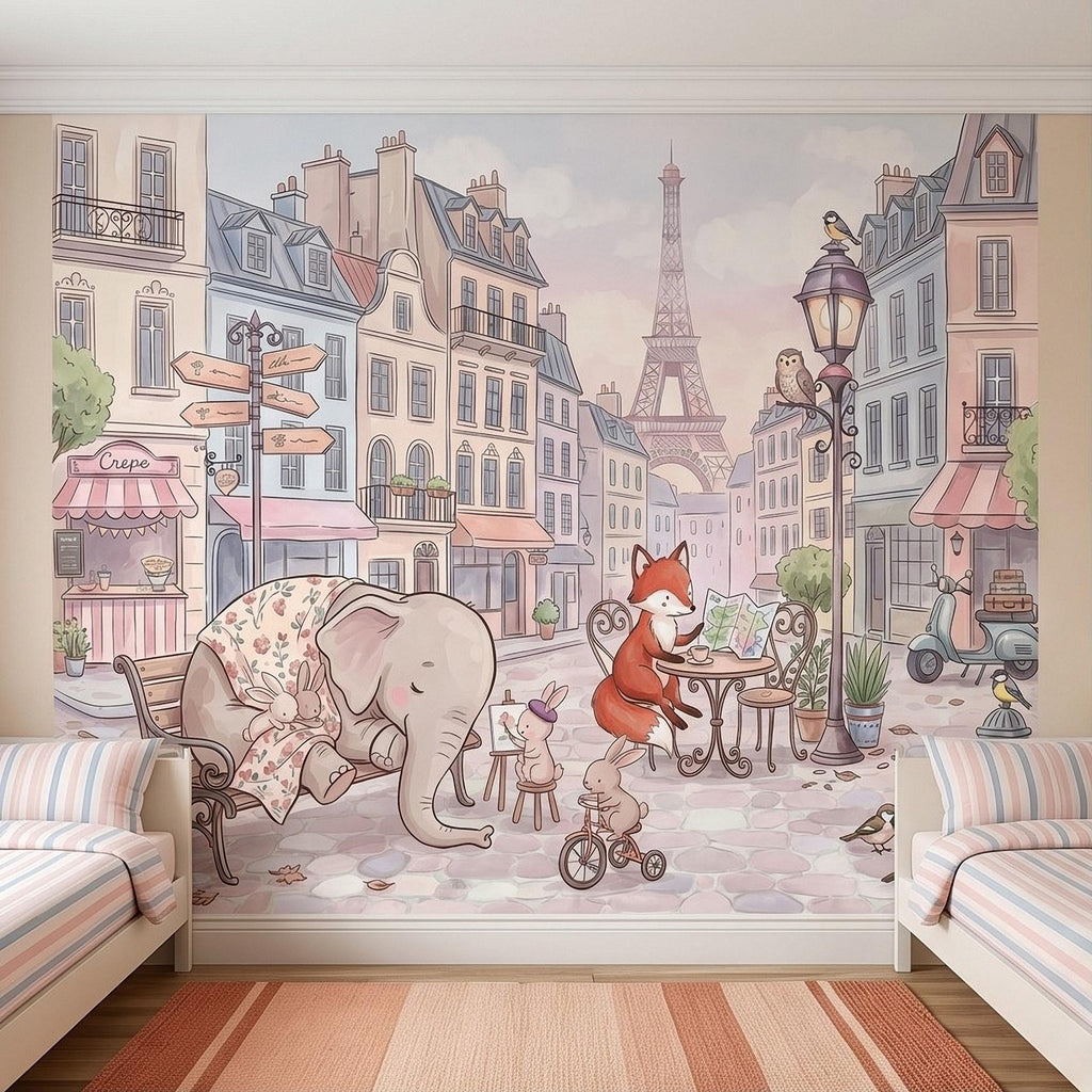 Watercolor Paris Peel and Stick Wall Mural, Cute Animal Friends by the Eiffel Tower, Charming French Street Scene Nursery Wallpaper