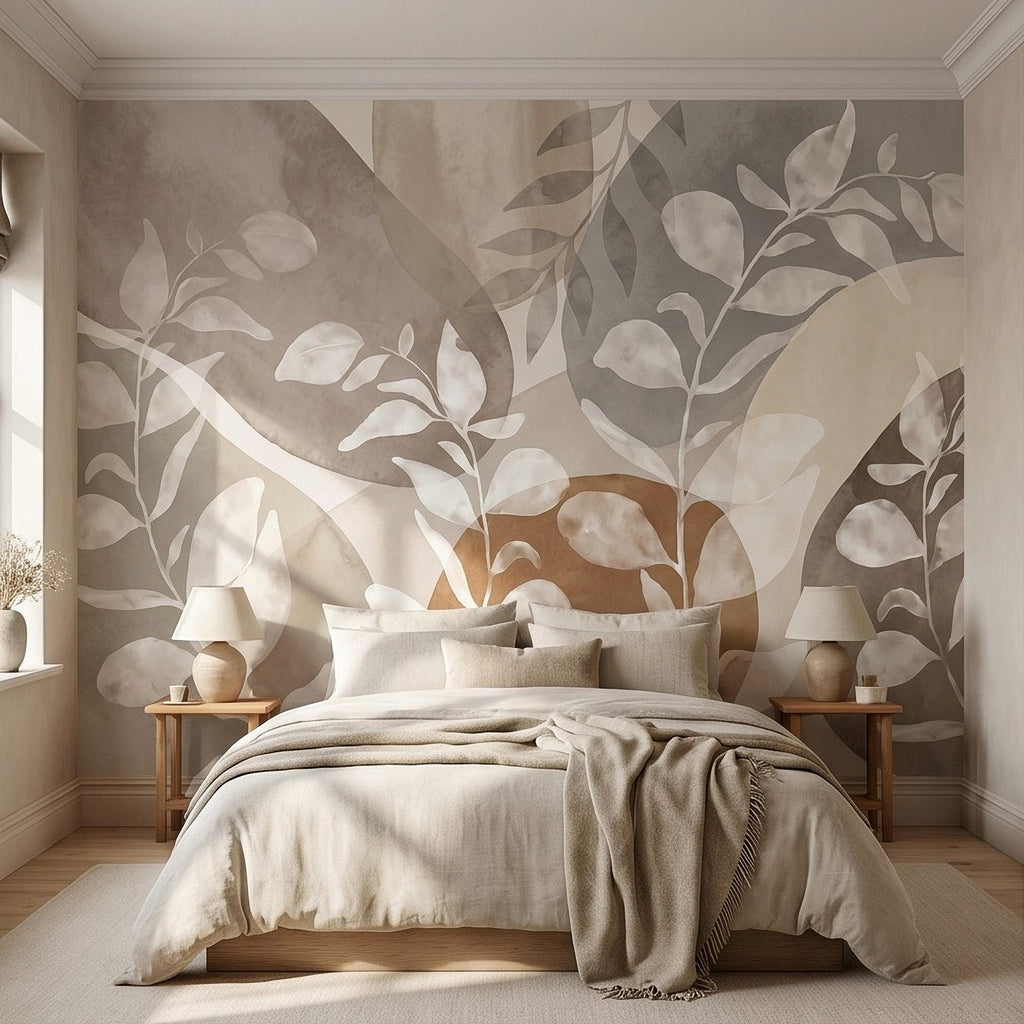 Abstract Botanical Peel and Stick Wall Mural, Neutral Watercolor Leaves, Organic Geometric Shapes, Modern Beige Wallpaper