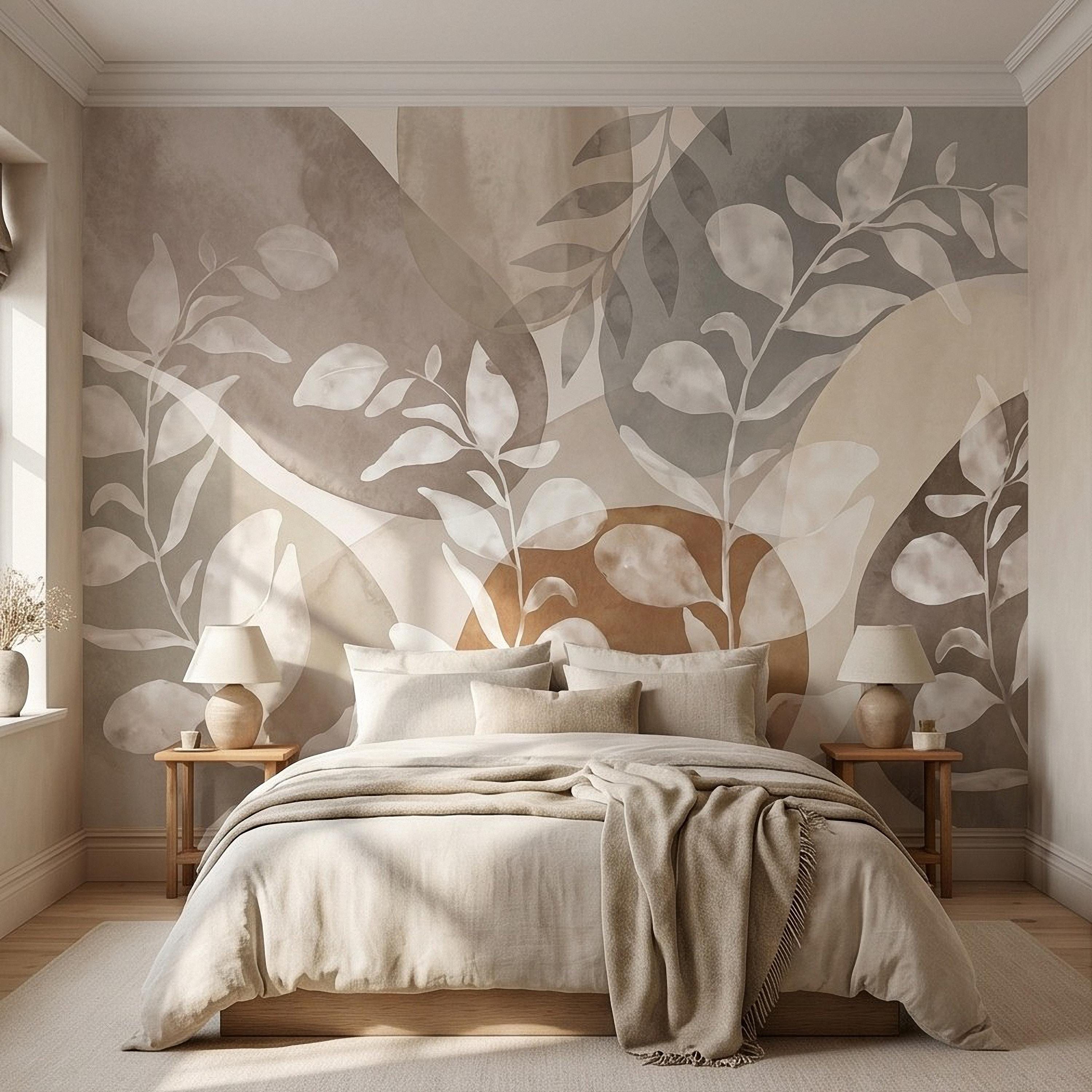 Abstract Botanical Peel and Stick Wall Mural, Neutral Watercolor Leaves, Organic Geometric Shapes, Modern Beige Wallpaper