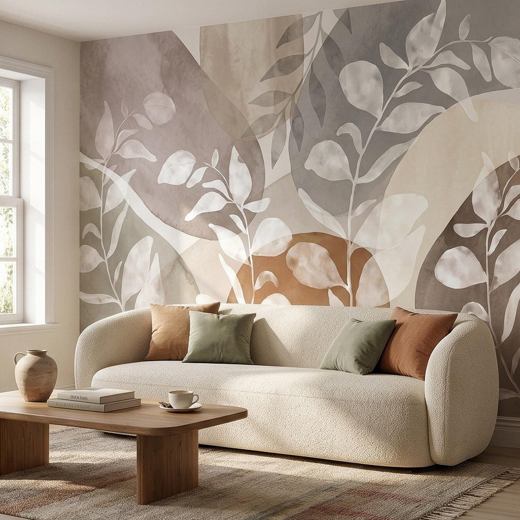 Abstract Botanical Peel and Stick Wall Mural, Neutral Watercolor Leaves, Organic Geometric Shapes, Modern Beige Wallpaper