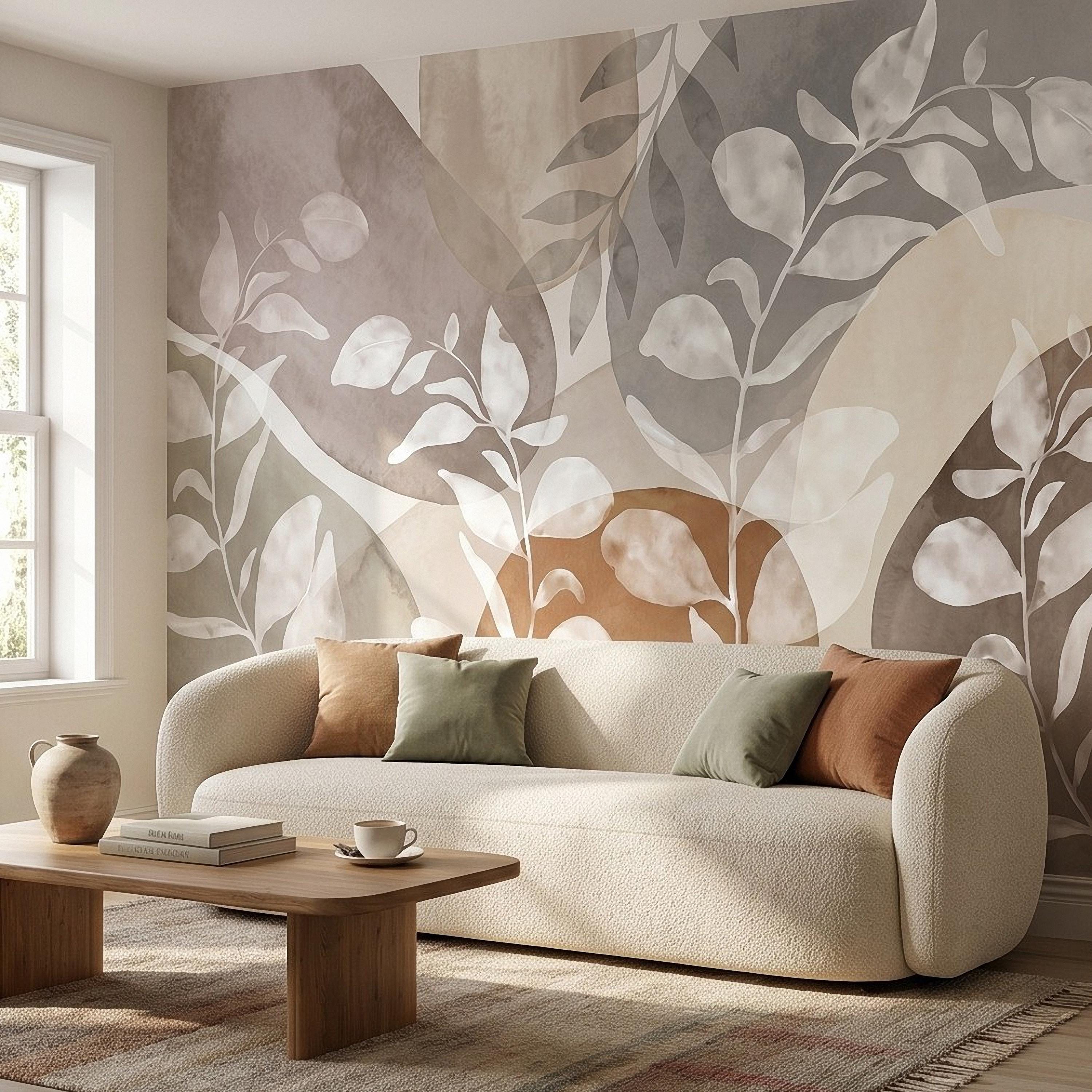 Abstract Botanical Peel and Stick Wall Mural, Neutral Watercolor Leaves, Organic Geometric Shapes, Modern Beige Wallpaper