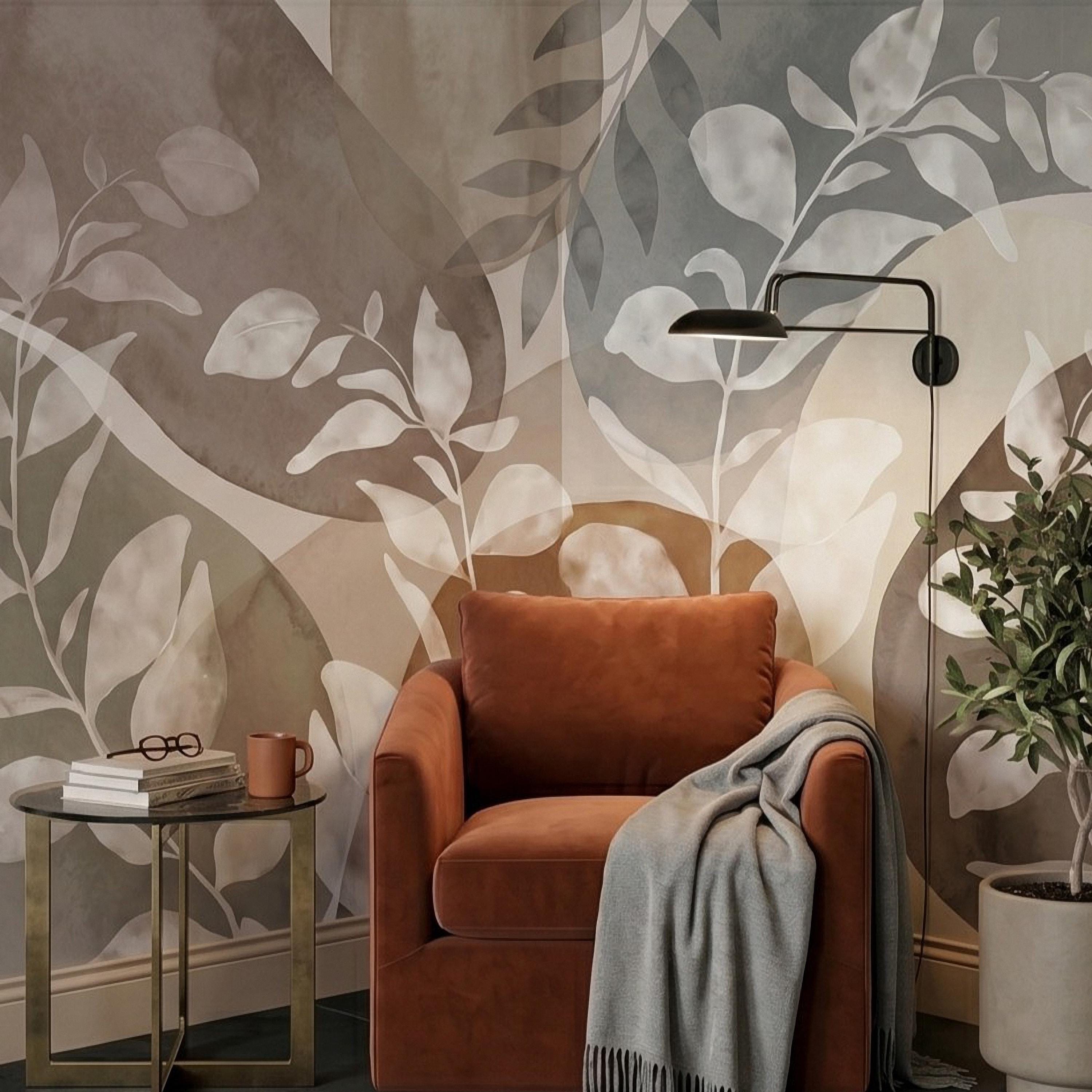 Abstract Botanical Peel and Stick Wall Mural, Neutral Watercolor Leaves, Organic Geometric Shapes, Modern Beige Wallpaper