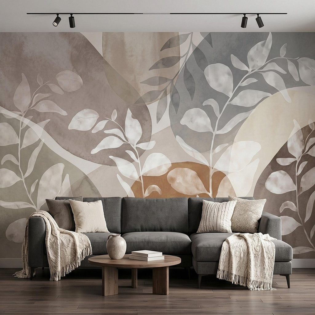 Abstract Botanical Peel and Stick Wall Mural, Neutral Watercolor Leaves, Organic Geometric Shapes, Modern Beige Wallpaper