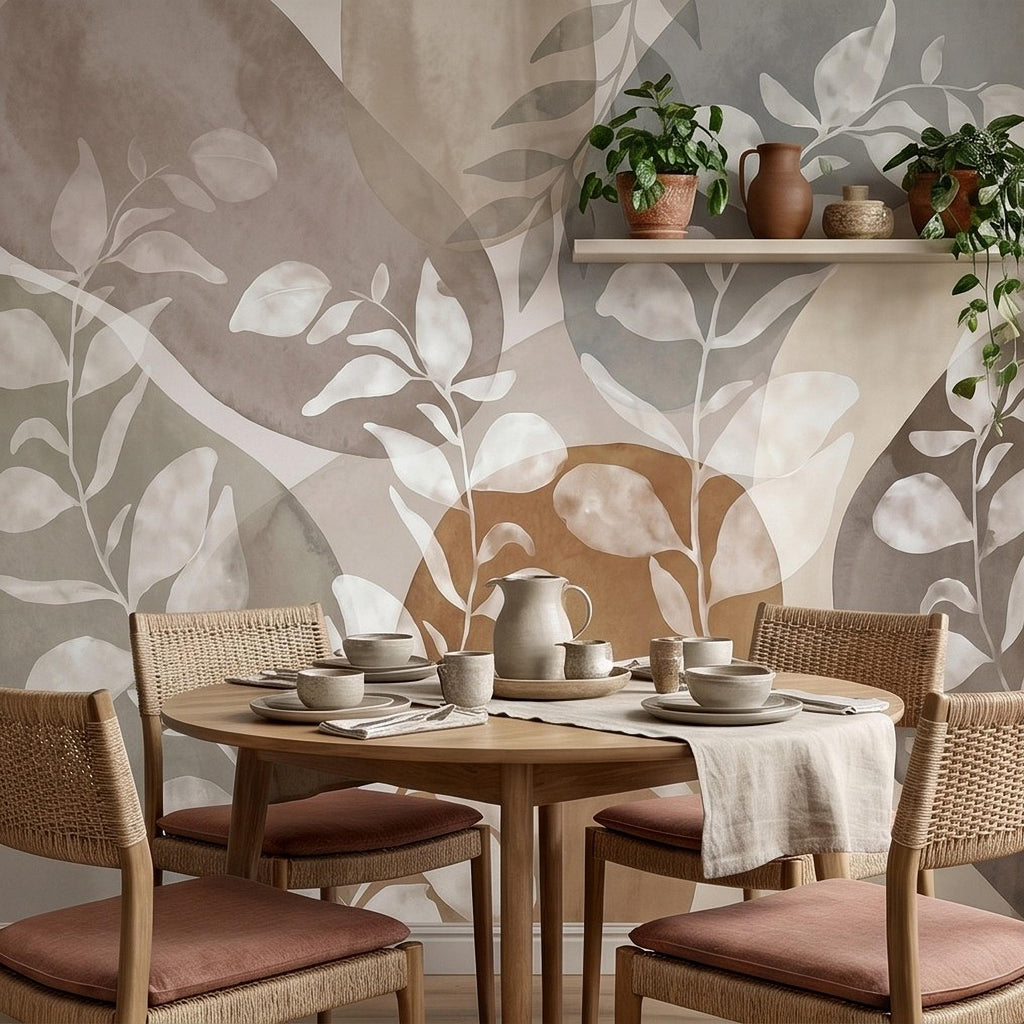 Abstract Botanical Peel and Stick Wall Mural, Neutral Watercolor Leaves, Organic Geometric Shapes, Modern Beige Wallpaper