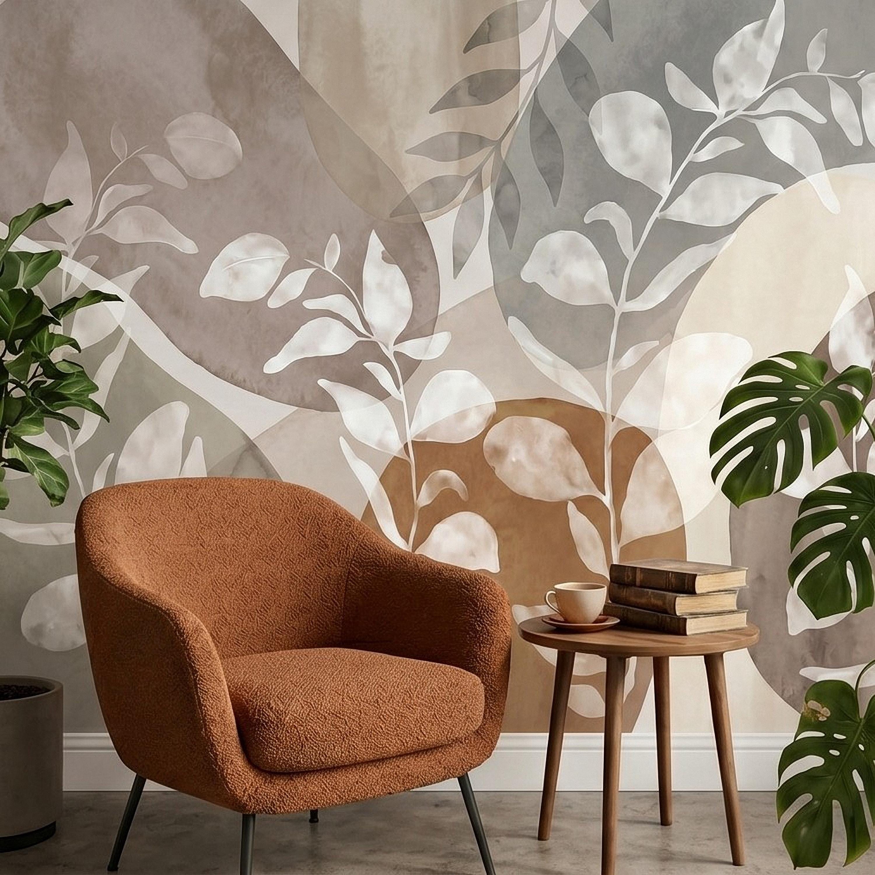Abstract Botanical Peel and Stick Wall Mural, Neutral Watercolor Leaves, Organic Geometric Shapes, Modern Beige Wallpaper