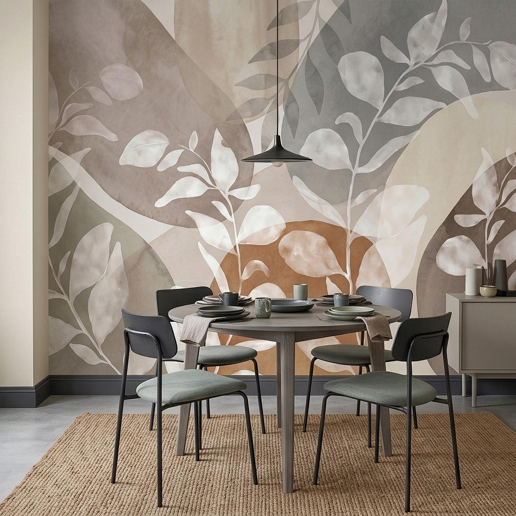Abstract Botanical Peel and Stick Wall Mural, Neutral Watercolor Leaves, Organic Geometric Shapes, Modern Beige Wallpaper