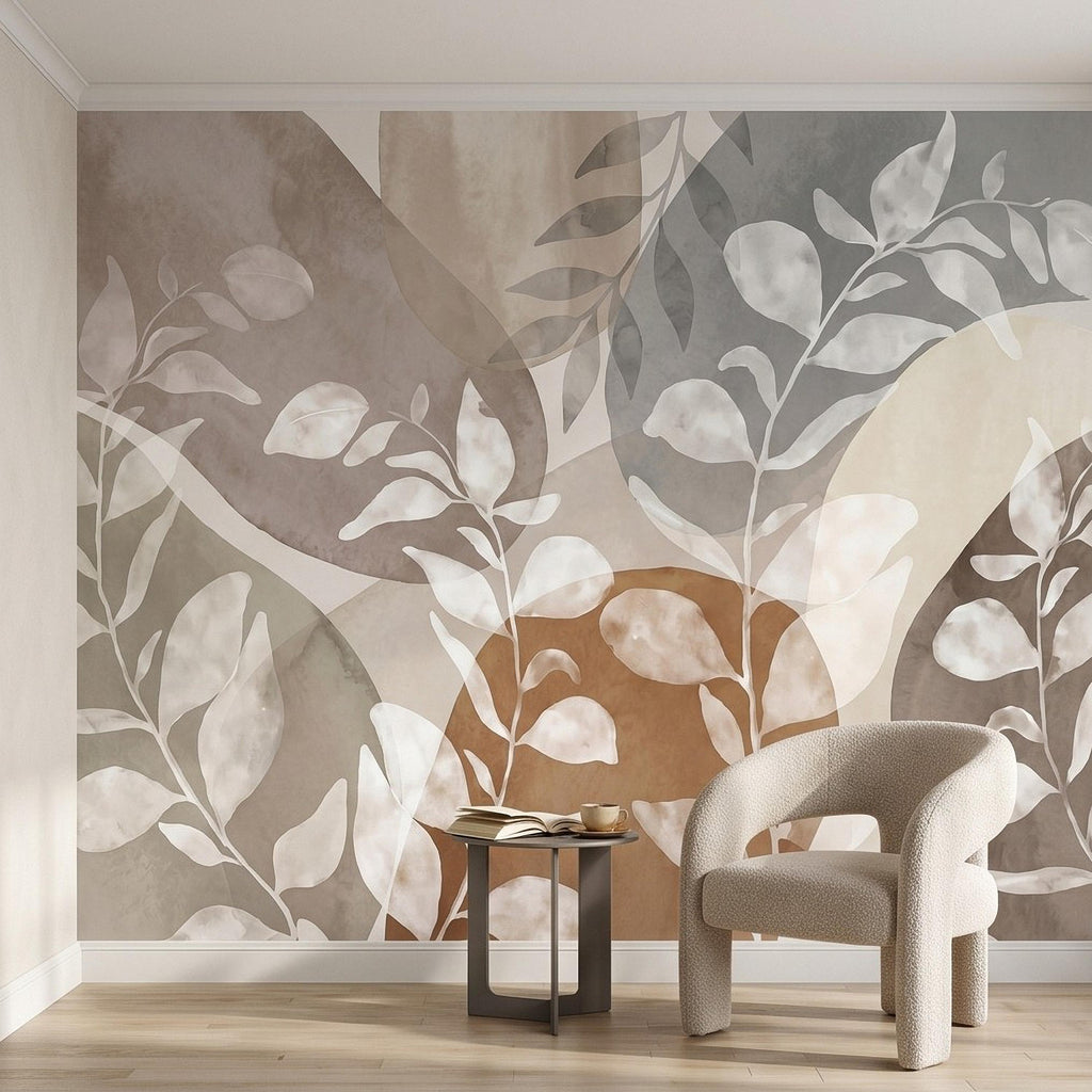 Abstract Botanical Peel and Stick Wall Mural, Neutral Watercolor Leaves, Organic Geometric Shapes, Modern Beige Wallpaper