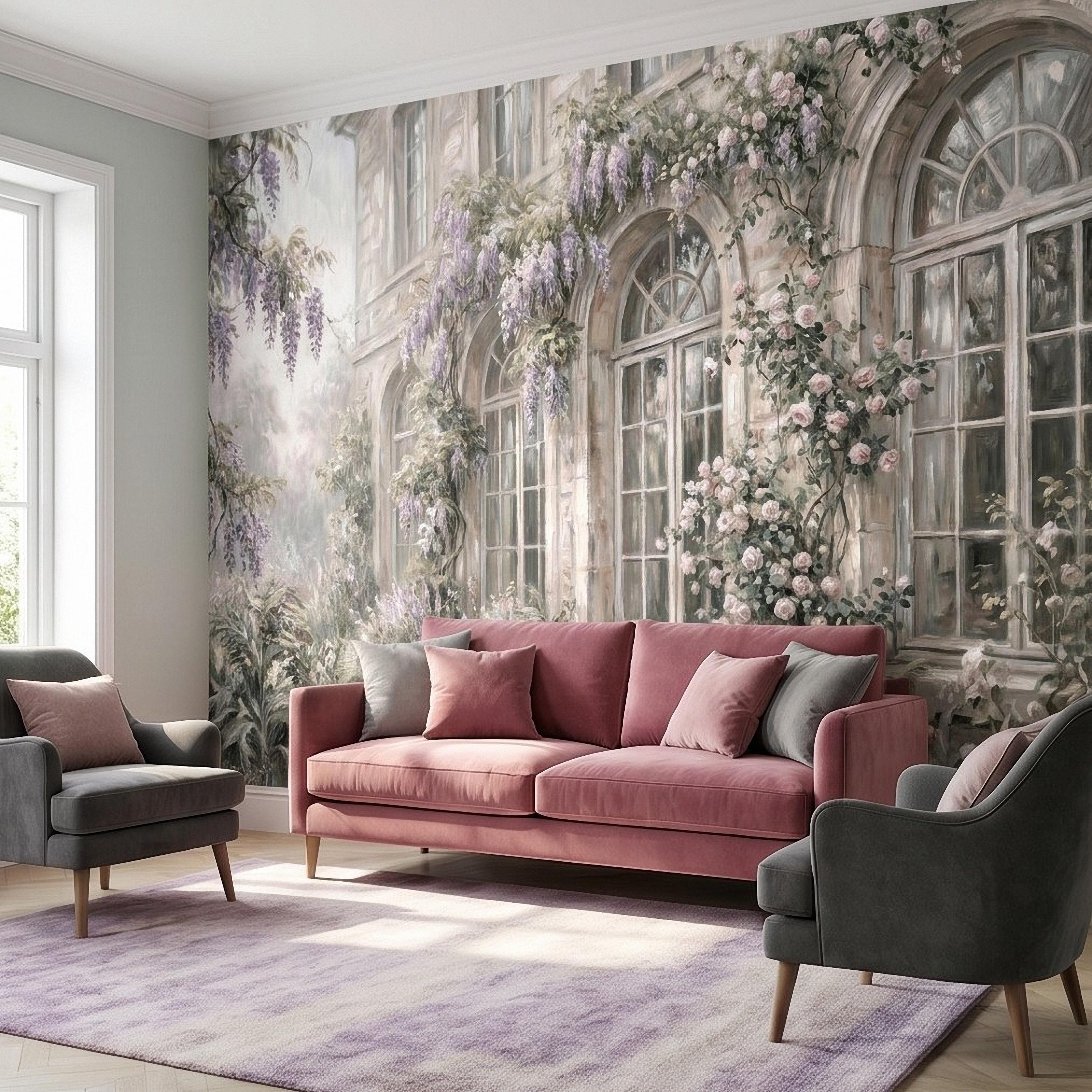 Vintage Wisteria Blooming Stone Facade Peel and Stick Wall Mural, Arched French Windows, Climbing Roses Wallpaper