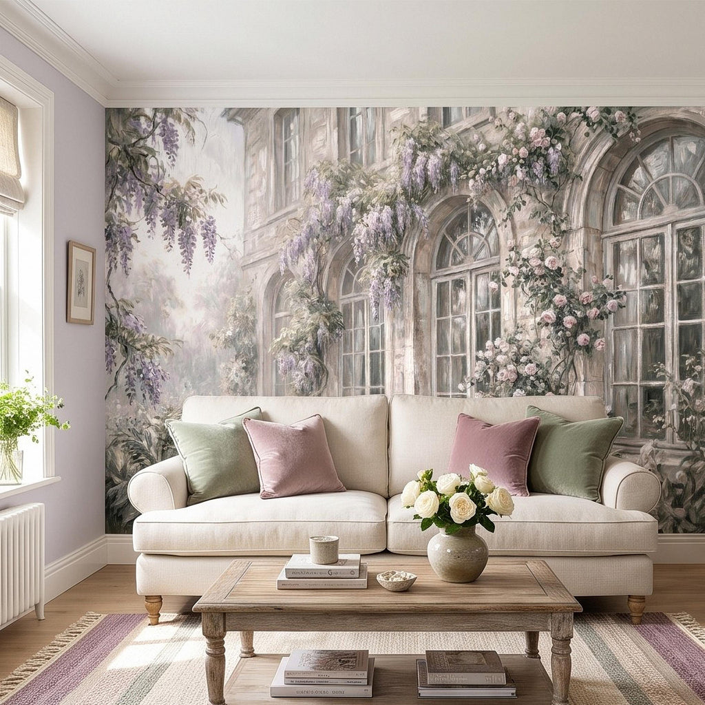 Vintage Wisteria Blooming Stone Facade Peel and Stick Wall Mural, Arched French Windows, Climbing Roses Wallpaper