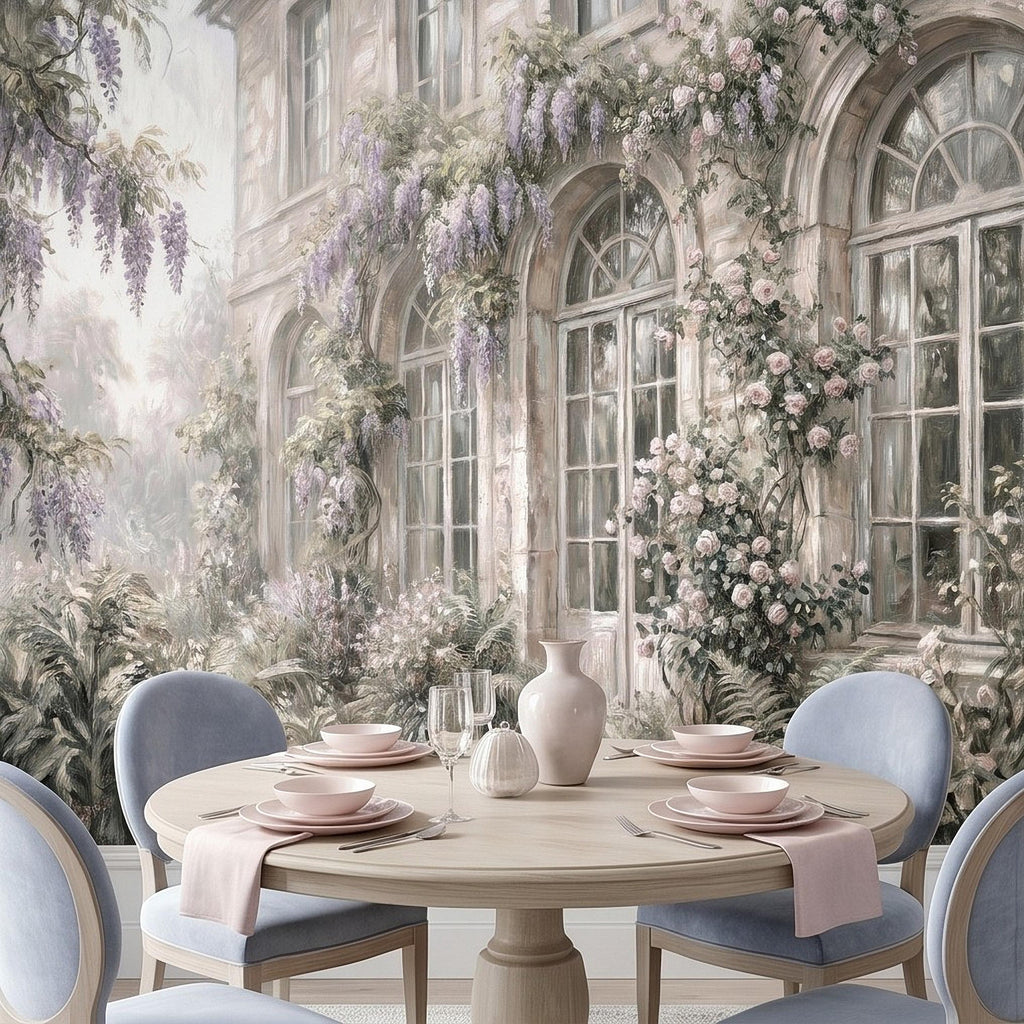 Vintage Wisteria Blooming Stone Facade Peel and Stick Wall Mural, Arched French Windows, Climbing Roses Wallpaper