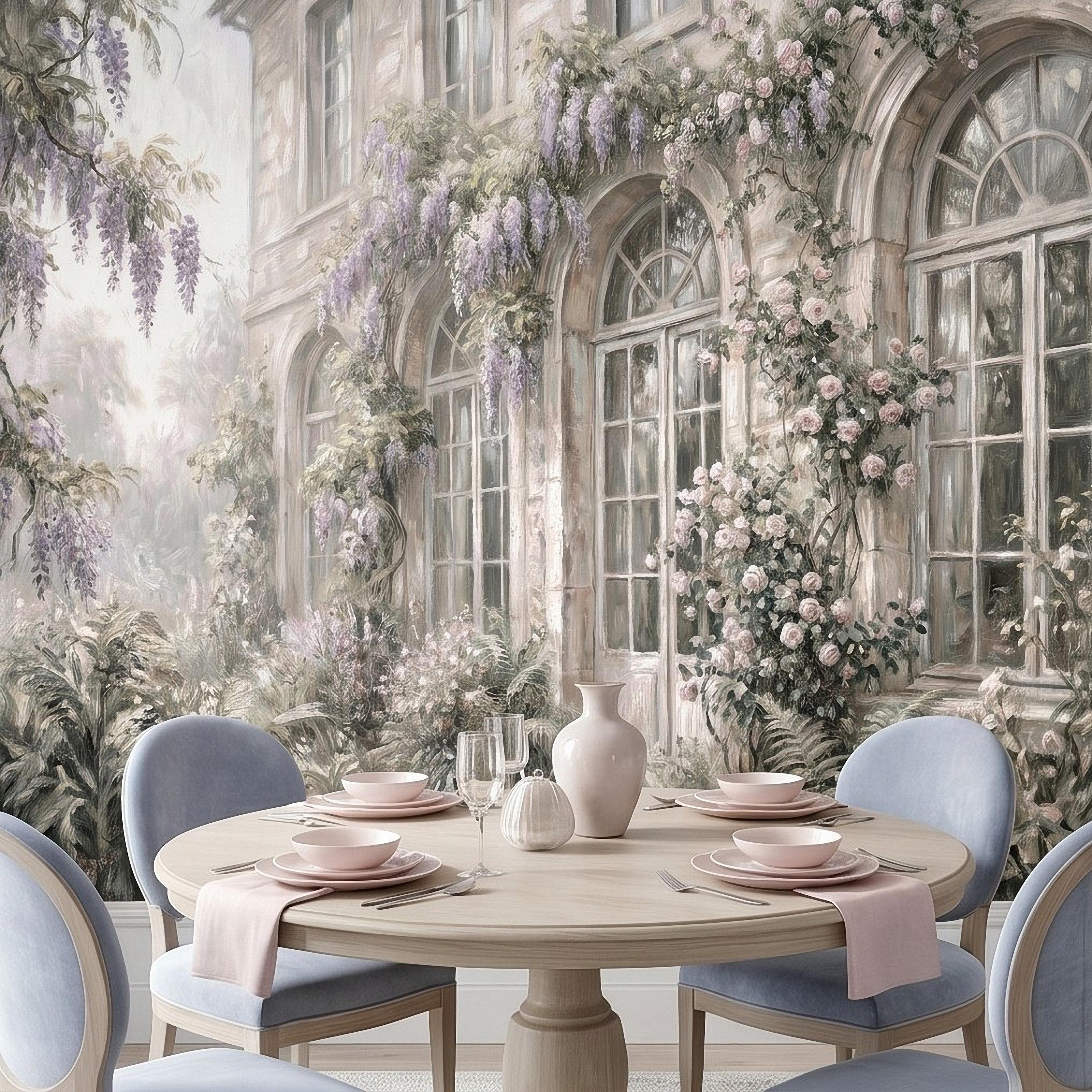 Vintage Wisteria Blooming Stone Facade Peel and Stick Wall Mural, Arched French Windows, Climbing Roses Wallpaper