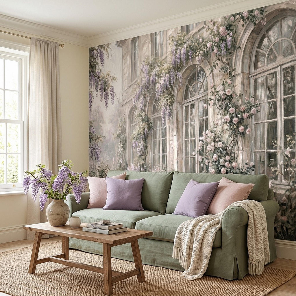 Vintage Wisteria Blooming Stone Facade Peel and Stick Wall Mural, Arched French Windows, Climbing Roses Wallpaper