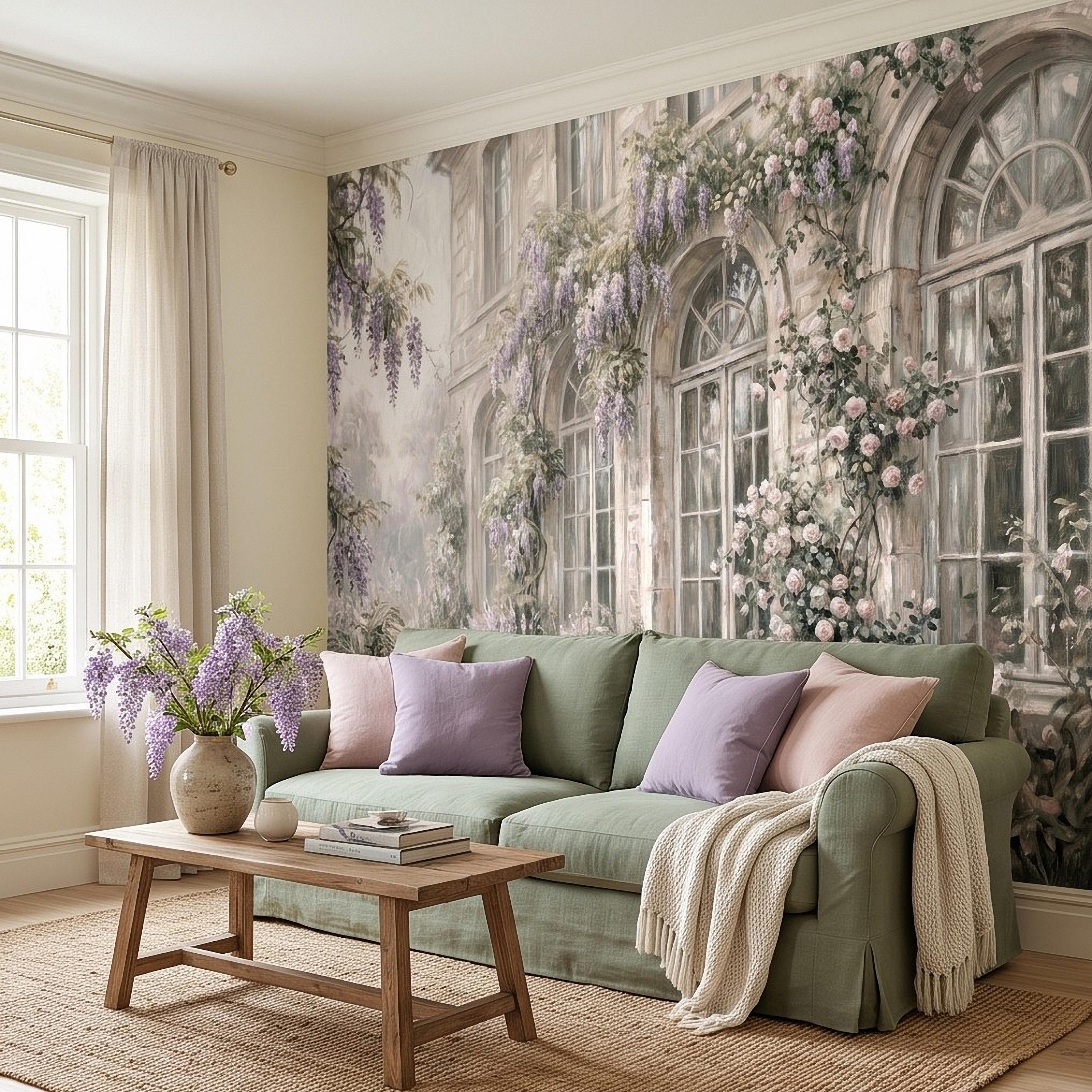 Vintage Wisteria Blooming Stone Facade Peel and Stick Wall Mural, Arched French Windows, Climbing Roses Wallpaper