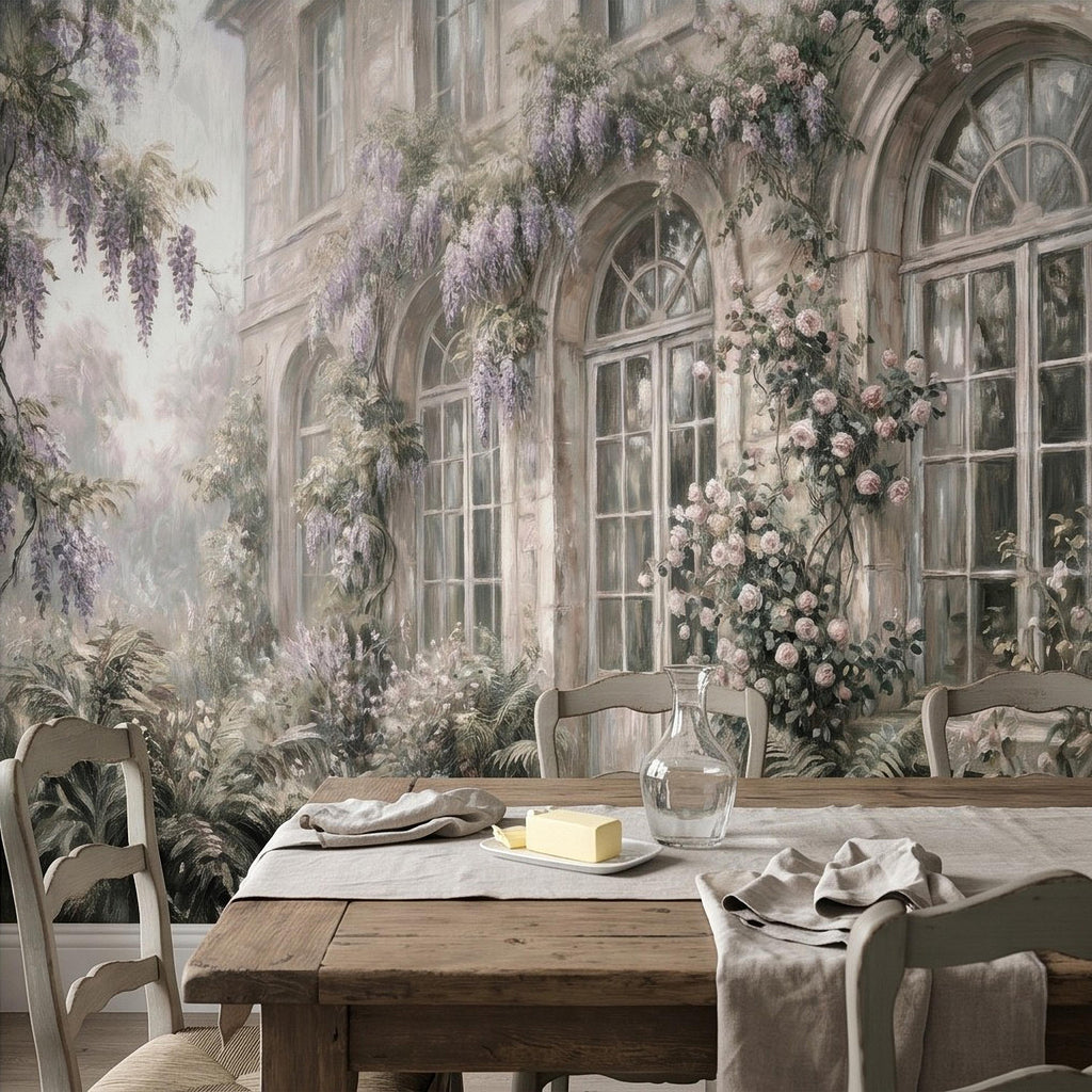 Vintage Wisteria Blooming Stone Facade Peel and Stick Wall Mural, Arched French Windows, Climbing Roses Wallpaper