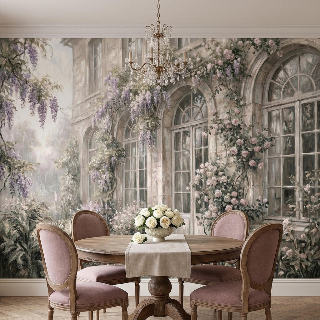 Vintage Wisteria Blooming Stone Facade Peel and Stick Wall Mural, Arched French Windows, Climbing Roses Wallpaper
