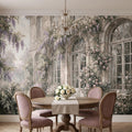 Vintage Wisteria Blooming Stone Facade Peel and Stick Wall Mural, Arched French Windows, Climbing Roses Wallpaper