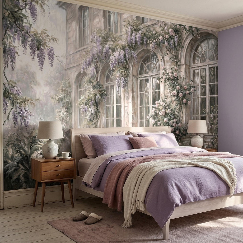 Vintage Wisteria Blooming Stone Facade Peel and Stick Wall Mural, Arched French Windows, Climbing Roses Wallpaper
