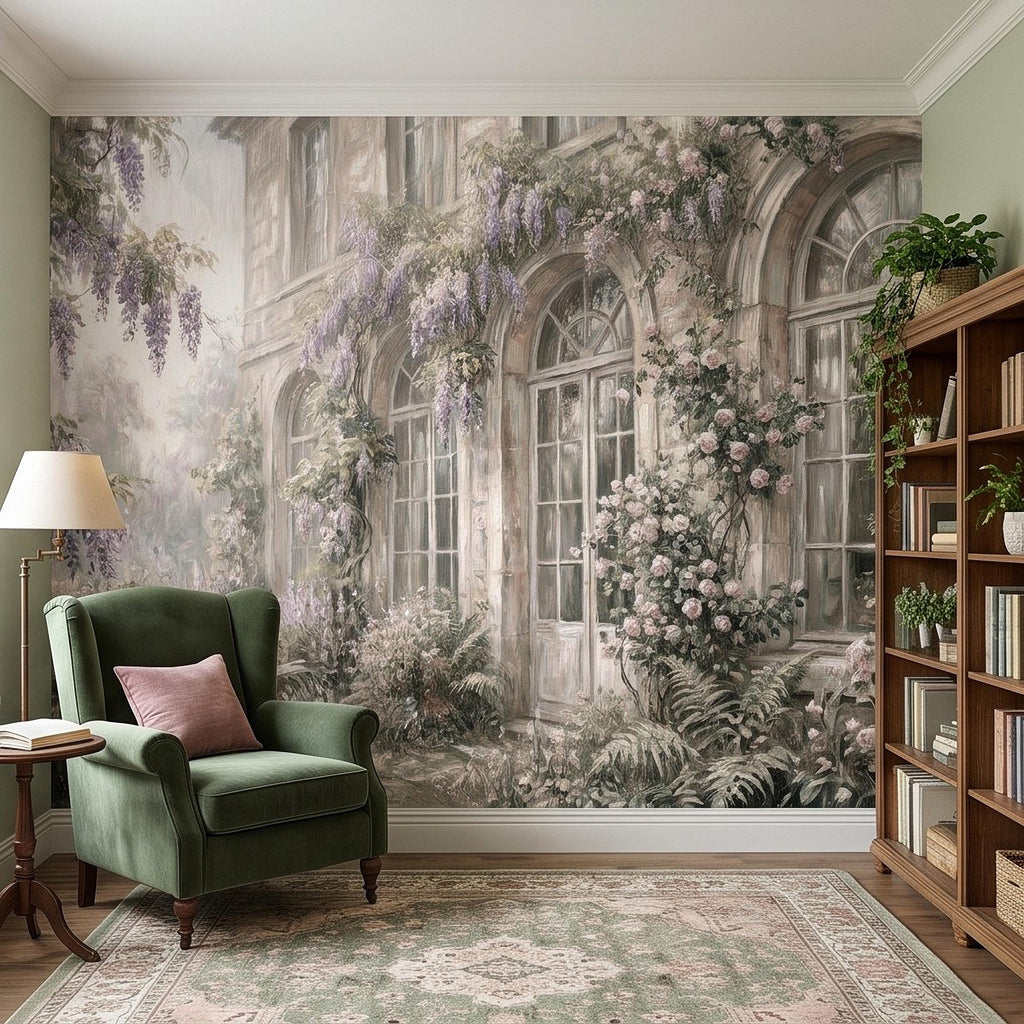 Vintage Wisteria Blooming Stone Facade Peel and Stick Wall Mural, Arched French Windows, Climbing Roses Wallpaper