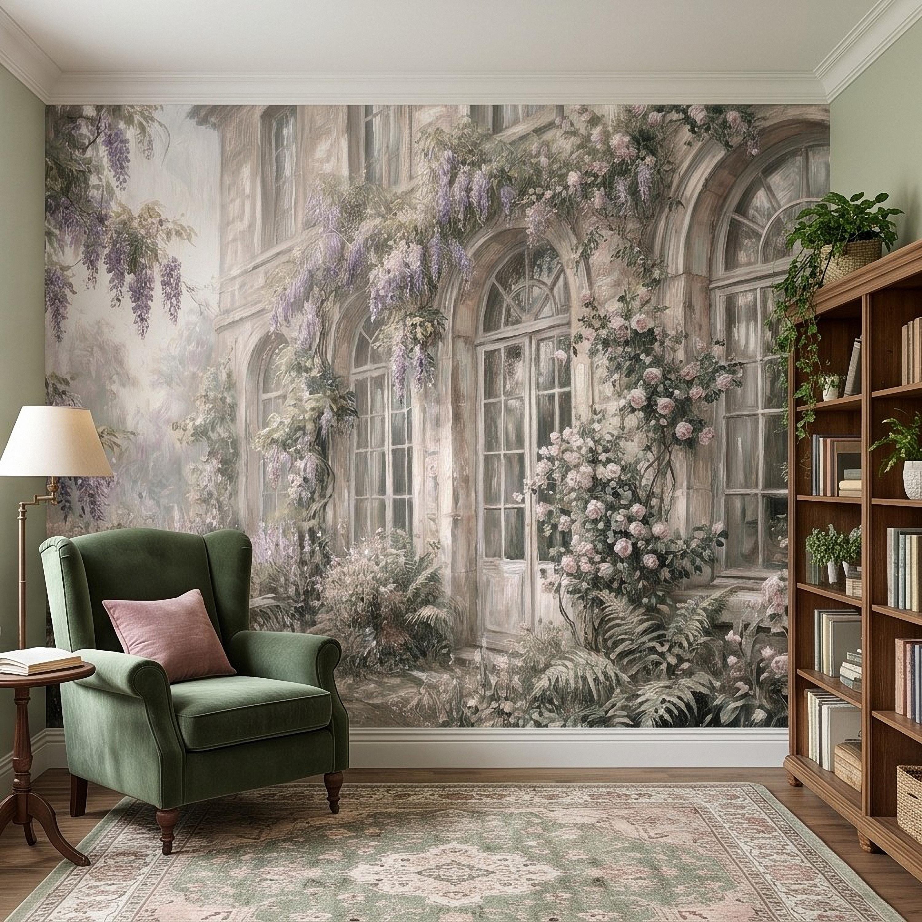 Vintage Wisteria Blooming Stone Facade Peel and Stick Wall Mural, Arched French Windows, Climbing Roses Wallpaper