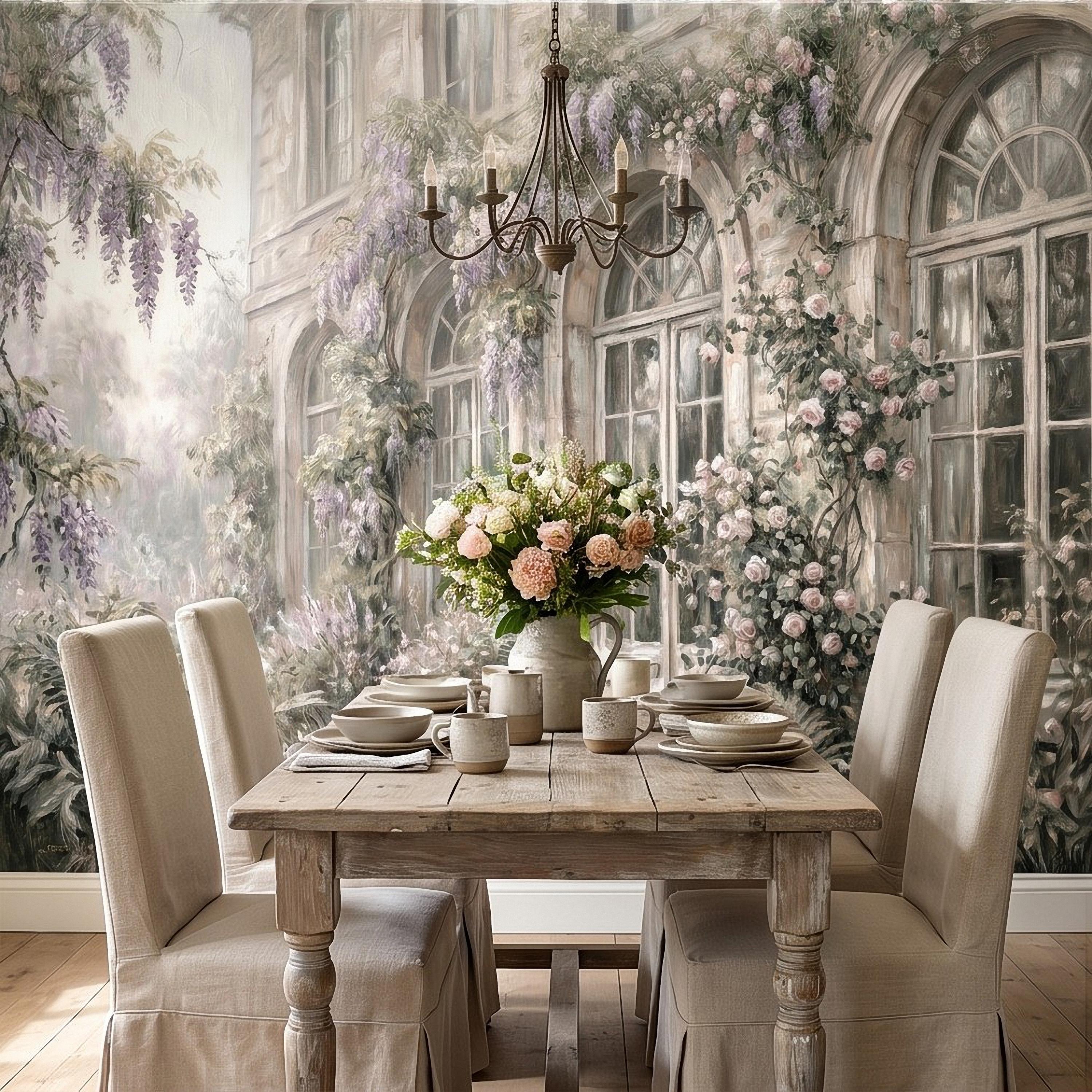 Vintage Wisteria Blooming Stone Facade Peel and Stick Wall Mural, Arched French Windows, Climbing Roses Wallpaper