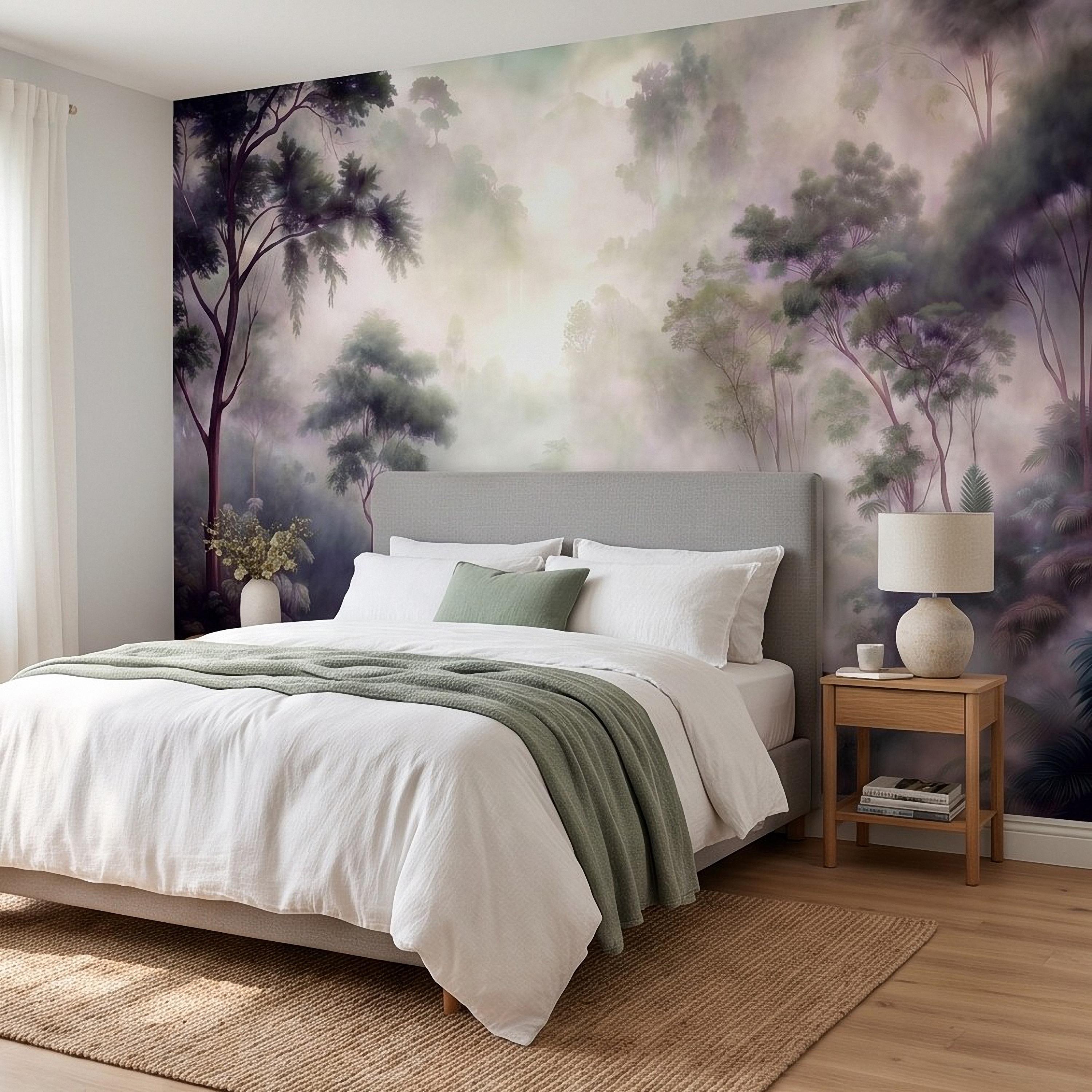 Misty Rainforest Peel and Stick Wall Mural, Tropical Jungle Landscape, Foggy Forest River, Lush Nature Wallpaper