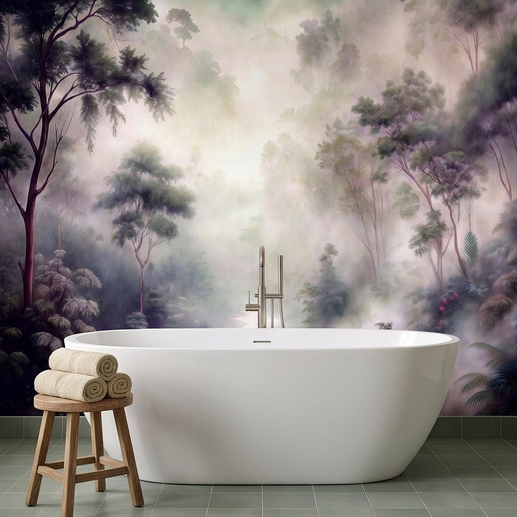 Misty Rainforest Peel and Stick Wall Mural, Tropical Jungle Landscape, Foggy Forest River, Lush Nature Wallpaper