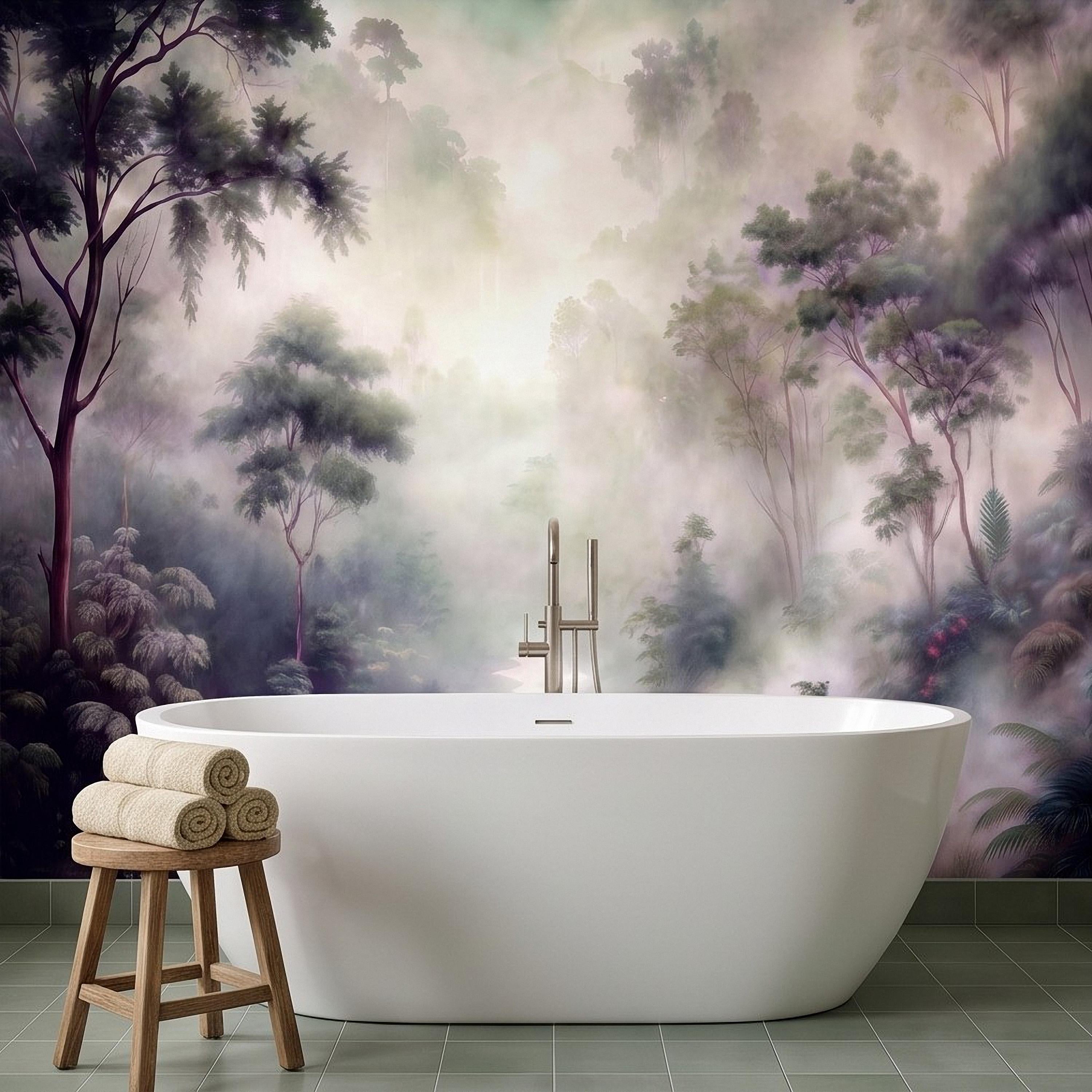Misty Rainforest Peel and Stick Wall Mural, Tropical Jungle Landscape, Foggy Forest River, Lush Nature Wallpaper