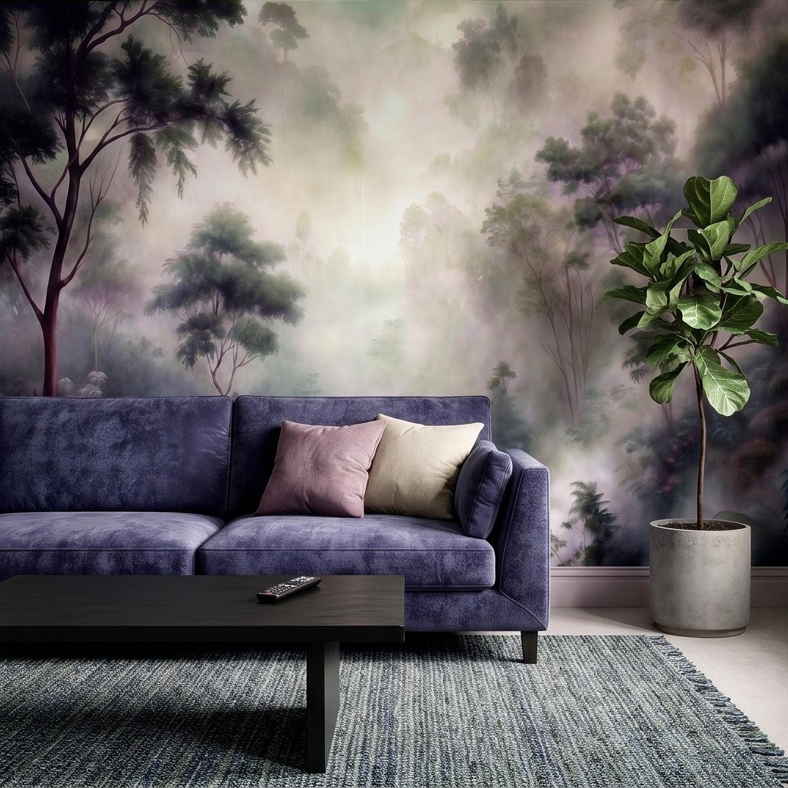 Misty Rainforest Peel and Stick Wall Mural, Tropical Jungle Landscape, Foggy Forest River, Lush Nature Wallpaper